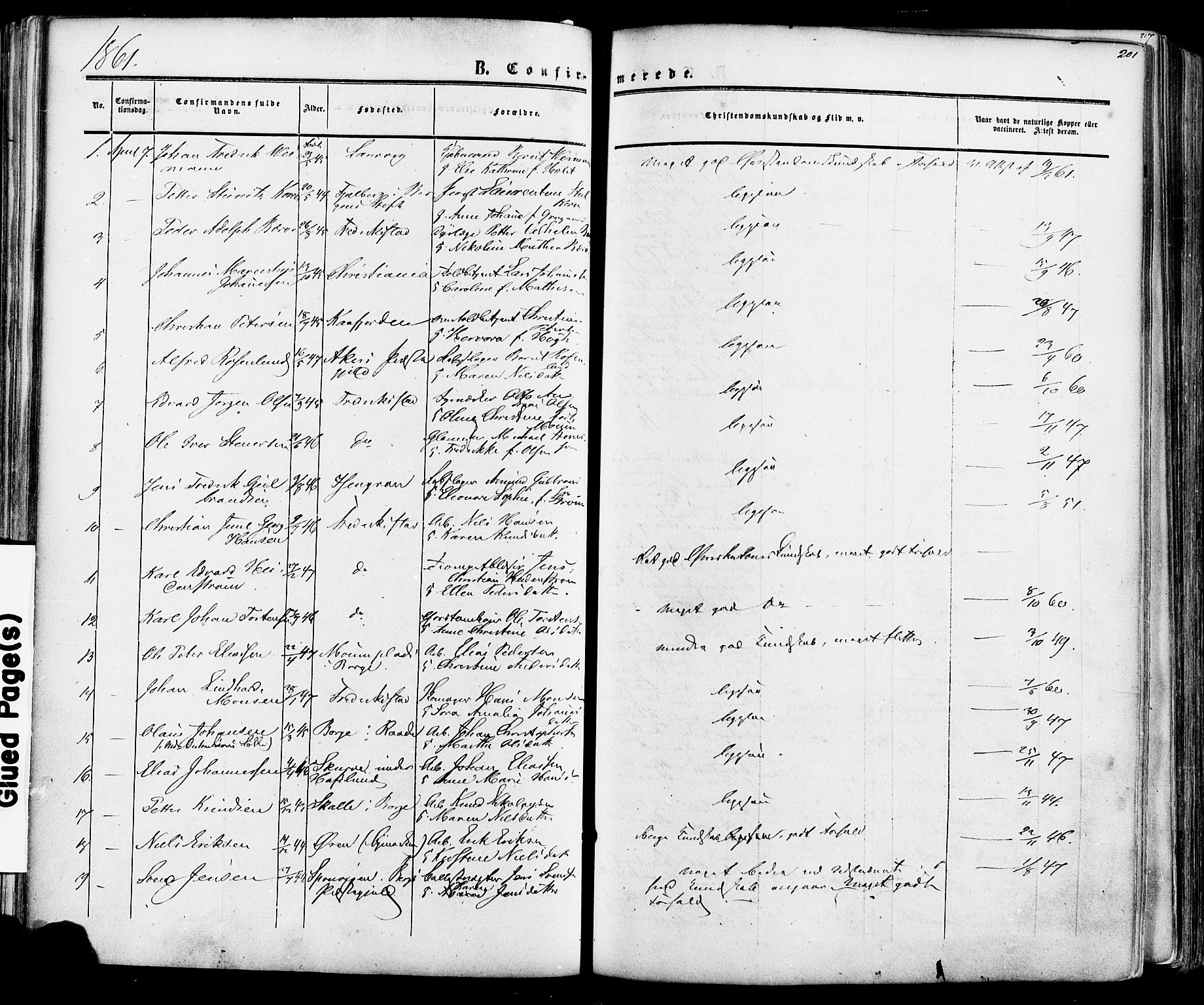 Fredrikstad prestekontor Kirkebøker, AV/SAO-A-11082/F/Fa/L0006: Parish register (official) no. 6, 1857-1878, p. 201