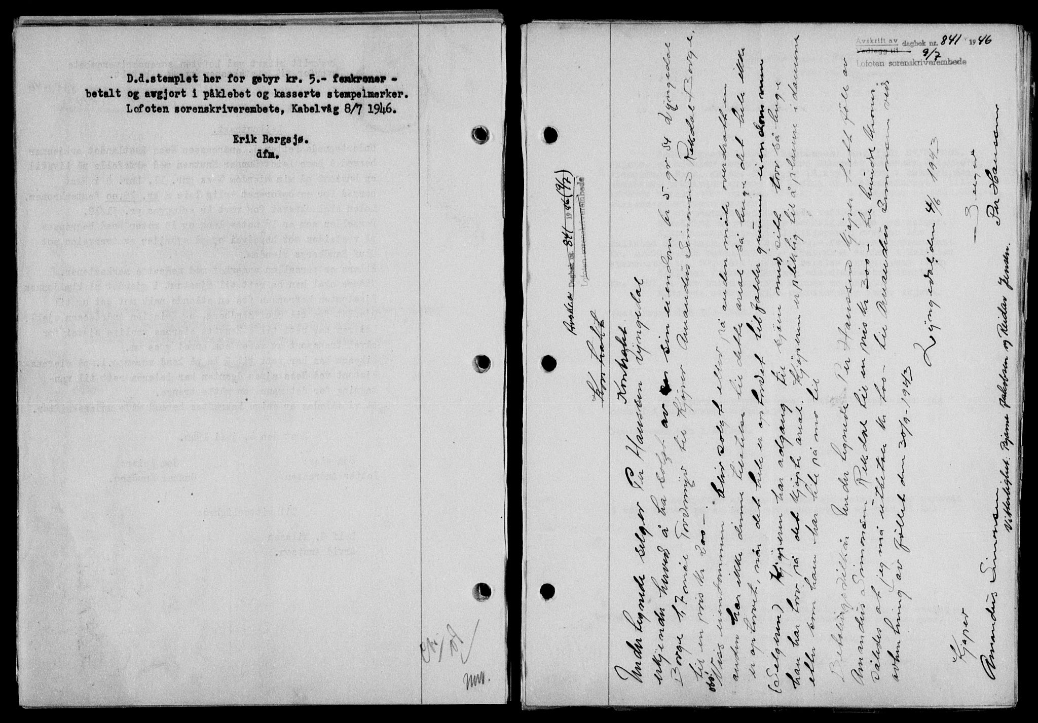 Lofoten sorenskriveri, SAT/A-0017/1/2/2C/L0014a: Mortgage book no. 14a, 1946-1946, Diary no: : 841/1946