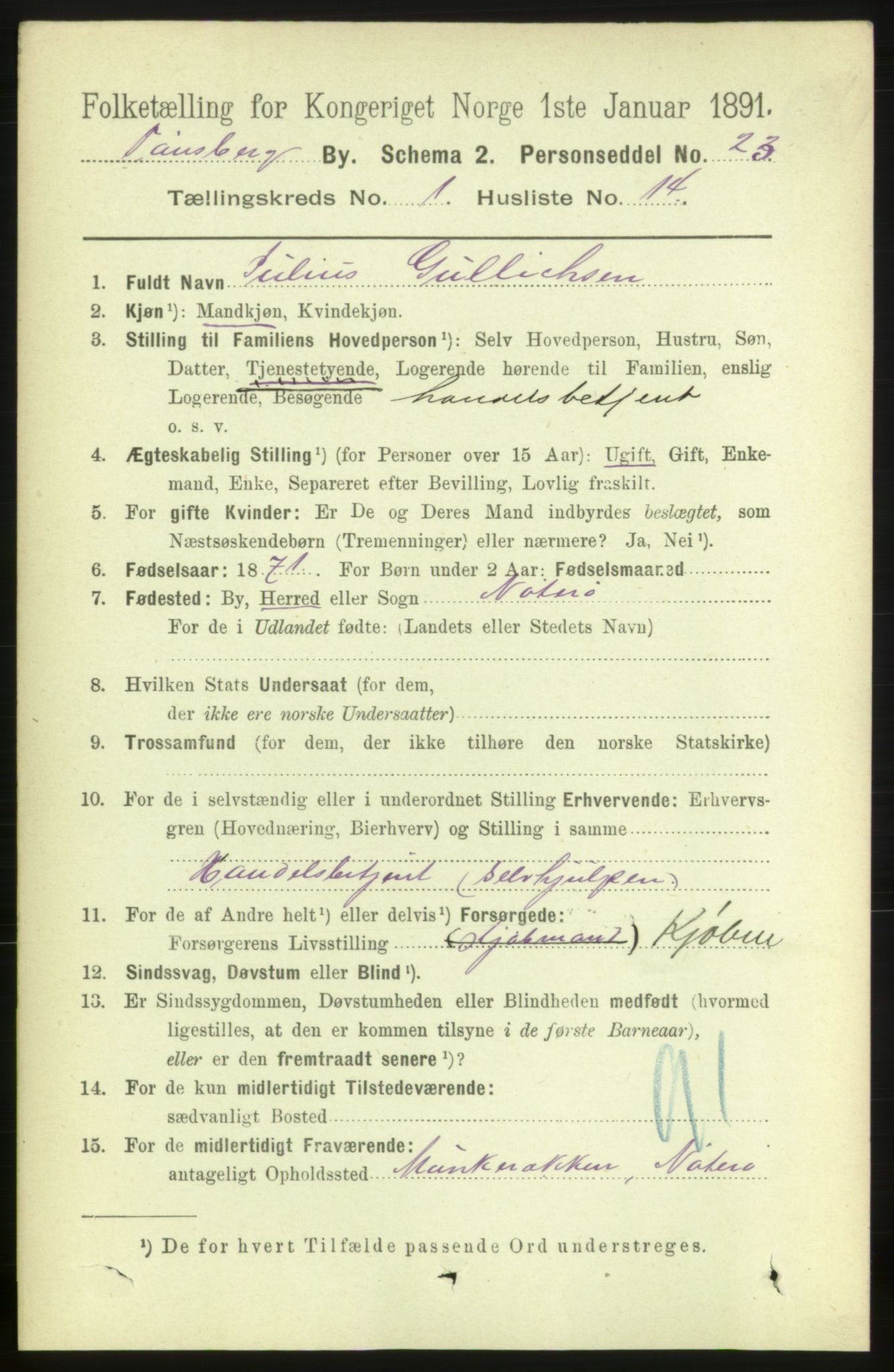 RA, 1891 census for 0705 Tønsberg, 1891, p. 1441