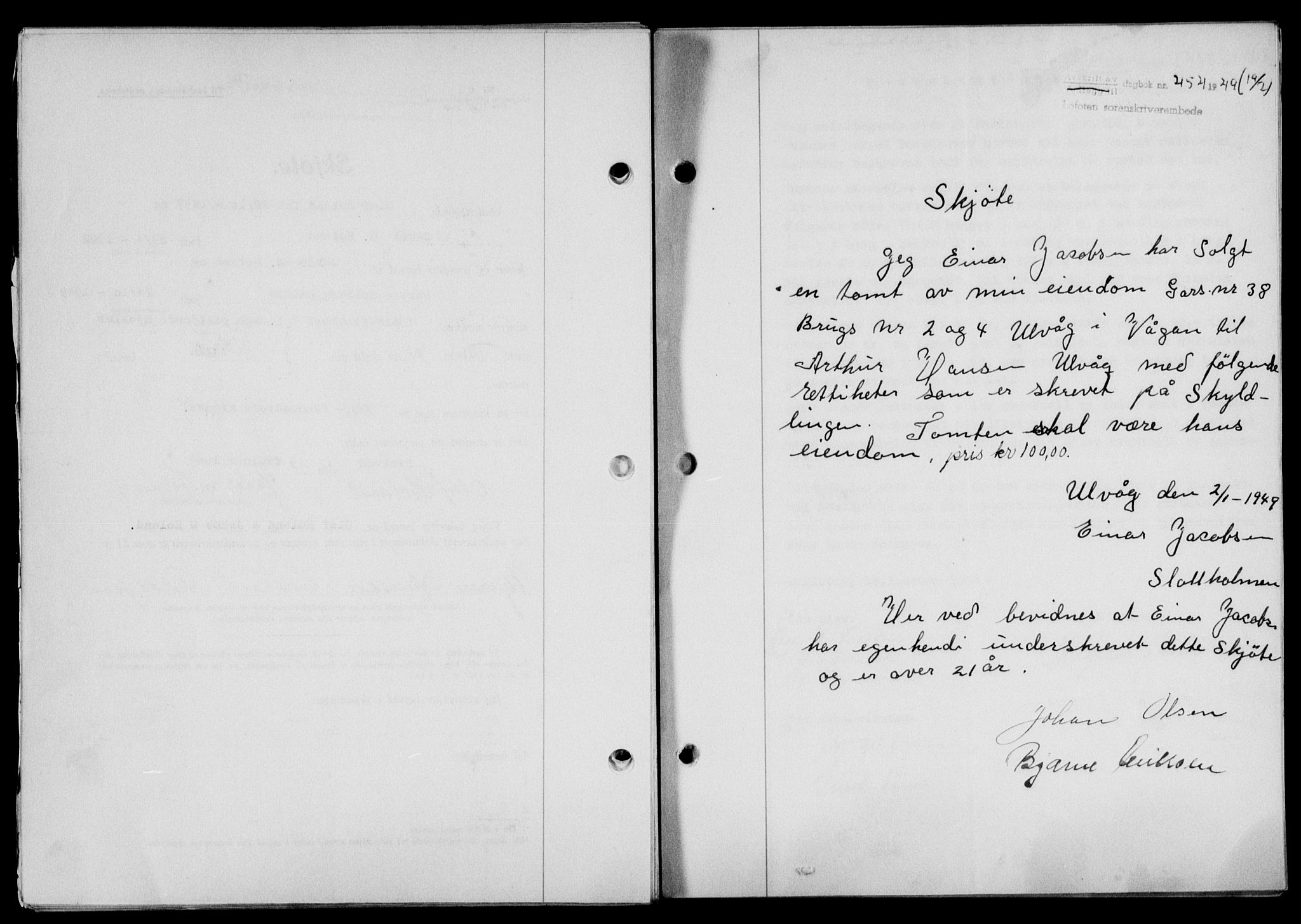 Lofoten sorenskriveri, SAT/A-0017/1/2/2C/L0020a: Mortgage book no. 20a, 1948-1949, Diary no: : 454/1949