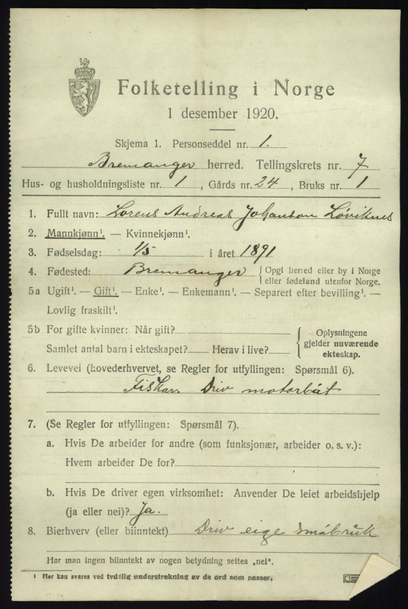 SAB, 1920 census for Bremanger, 1920, p. 4402