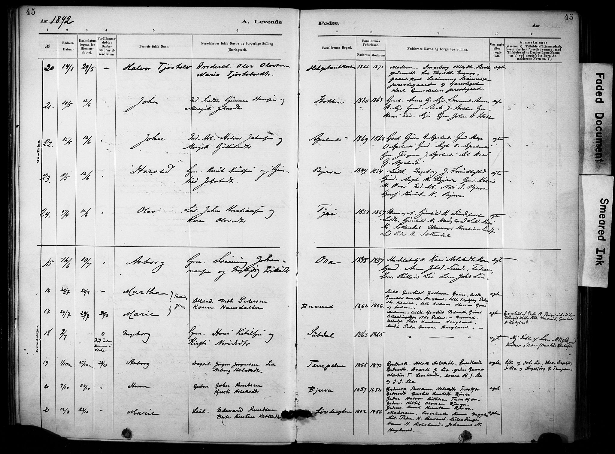 Lunde kirkebøker, AV/SAKO-A-282/F/Fa/L0002: Parish register (official) no. I 2, 1884-1892, p. 45