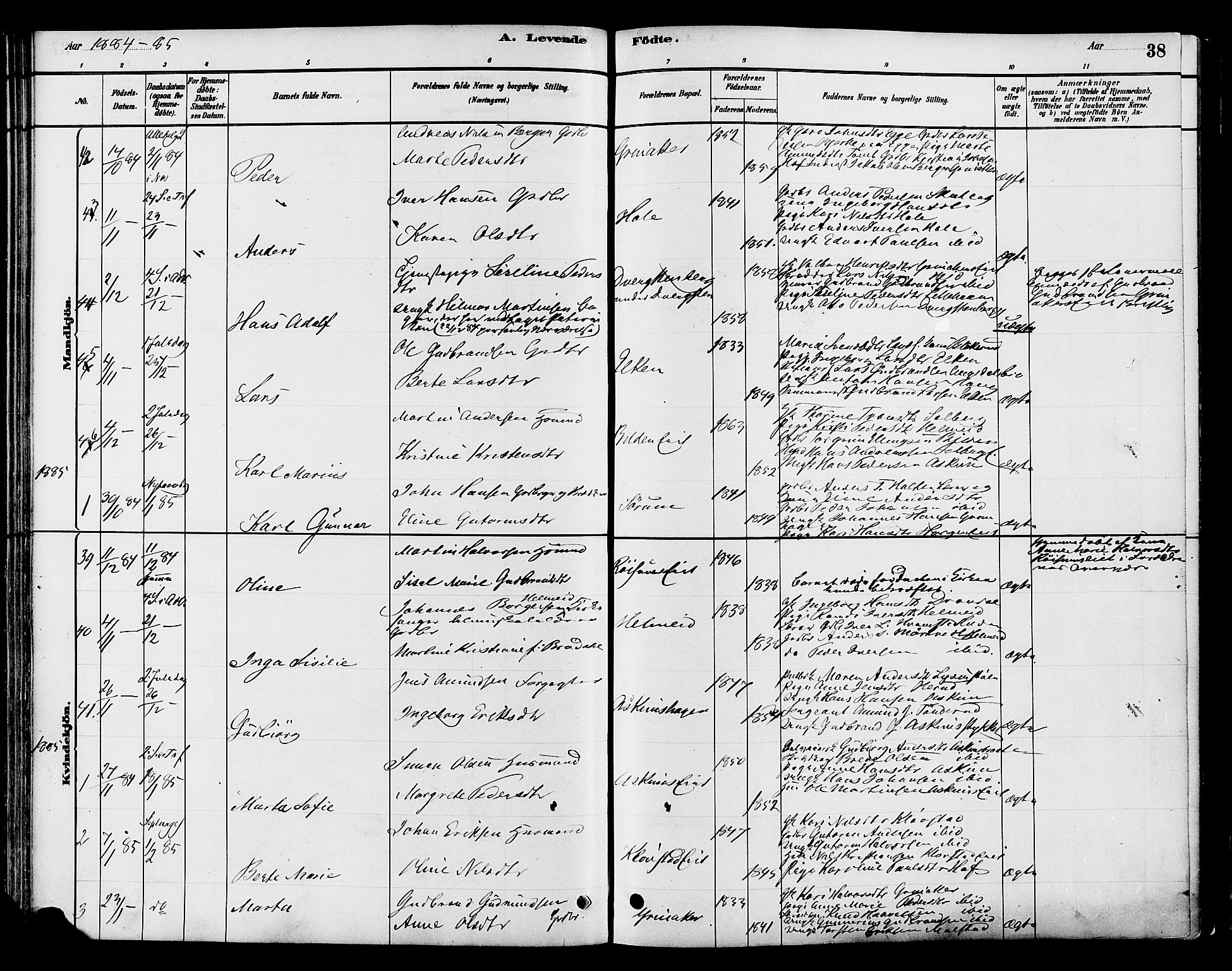 Gran prestekontor, SAH/PREST-112/H/Ha/Haa/L0016: Parish register (official) no. 16, 1880-1888, p. 38