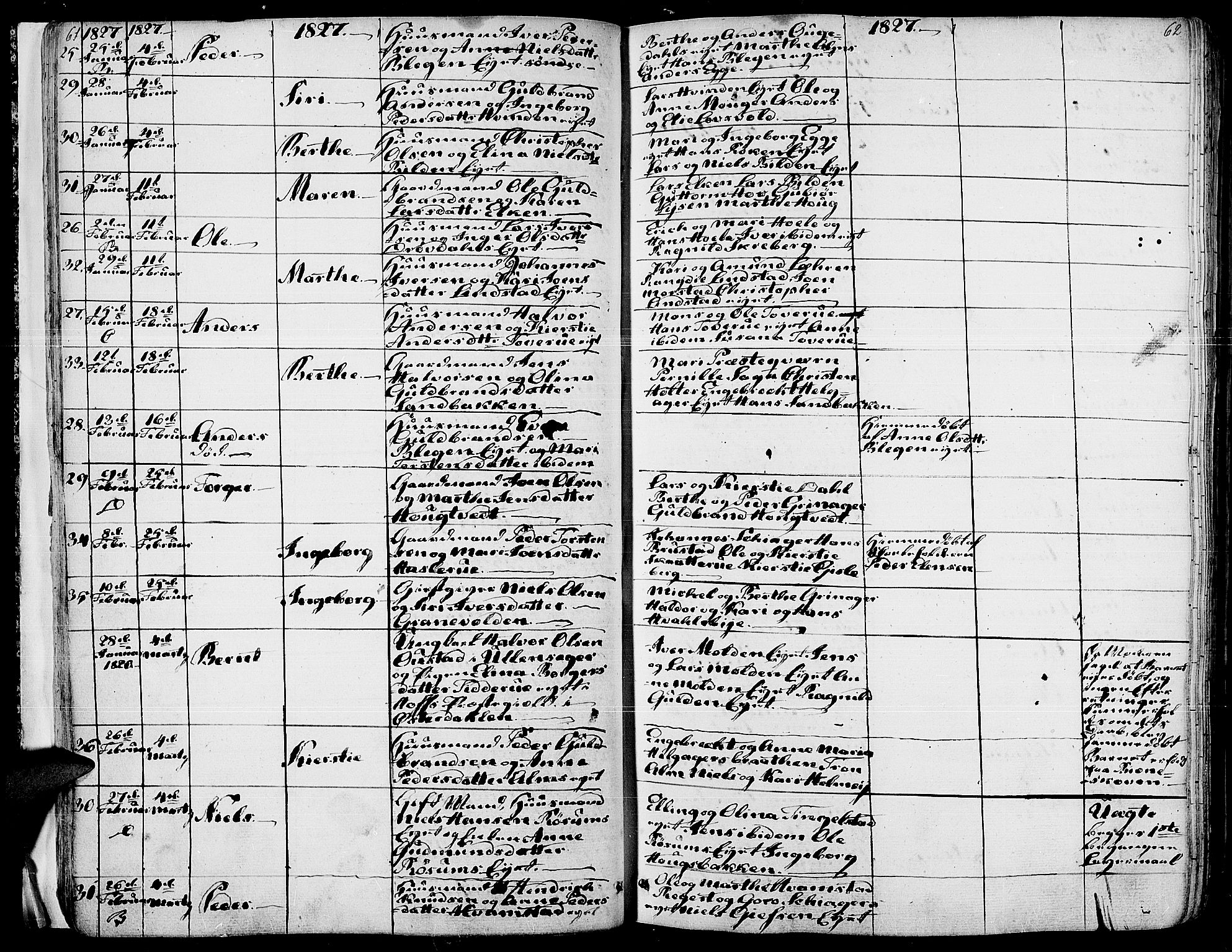 Gran prestekontor, SAH/PREST-112/H/Ha/Haa/L0010: Parish register (official) no. 10, 1824-1842, p. 61-62