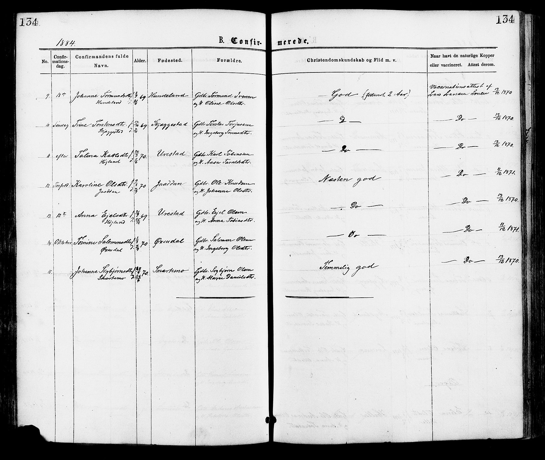 Hægebostad sokneprestkontor, AV/SAK-1111-0024/F/Fa/Faa/L0005: Parish register (official) no. A 5, 1864-1886, p. 134