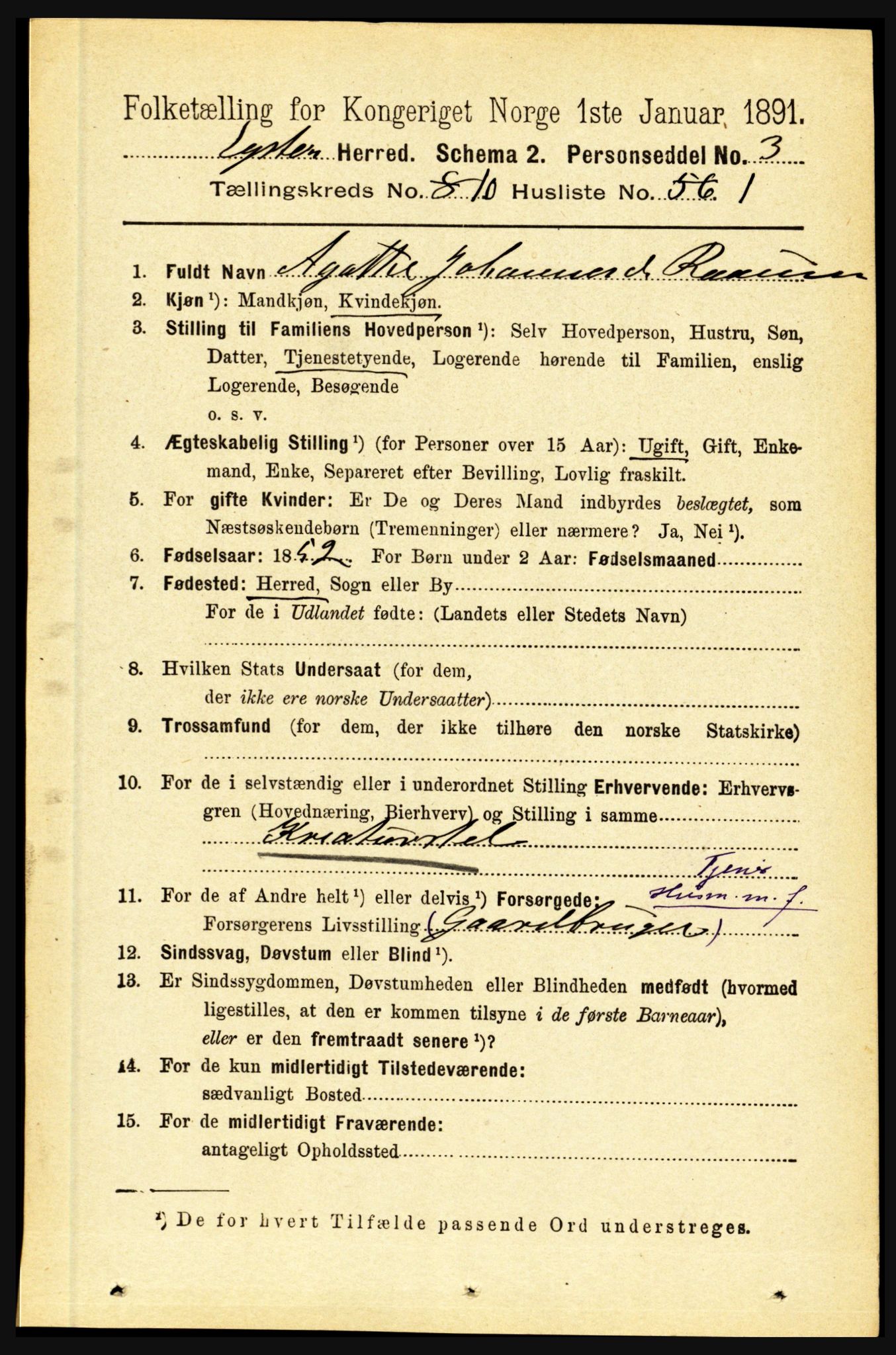 RA, 1891 census for 1426 Luster, 1891, p. 3118