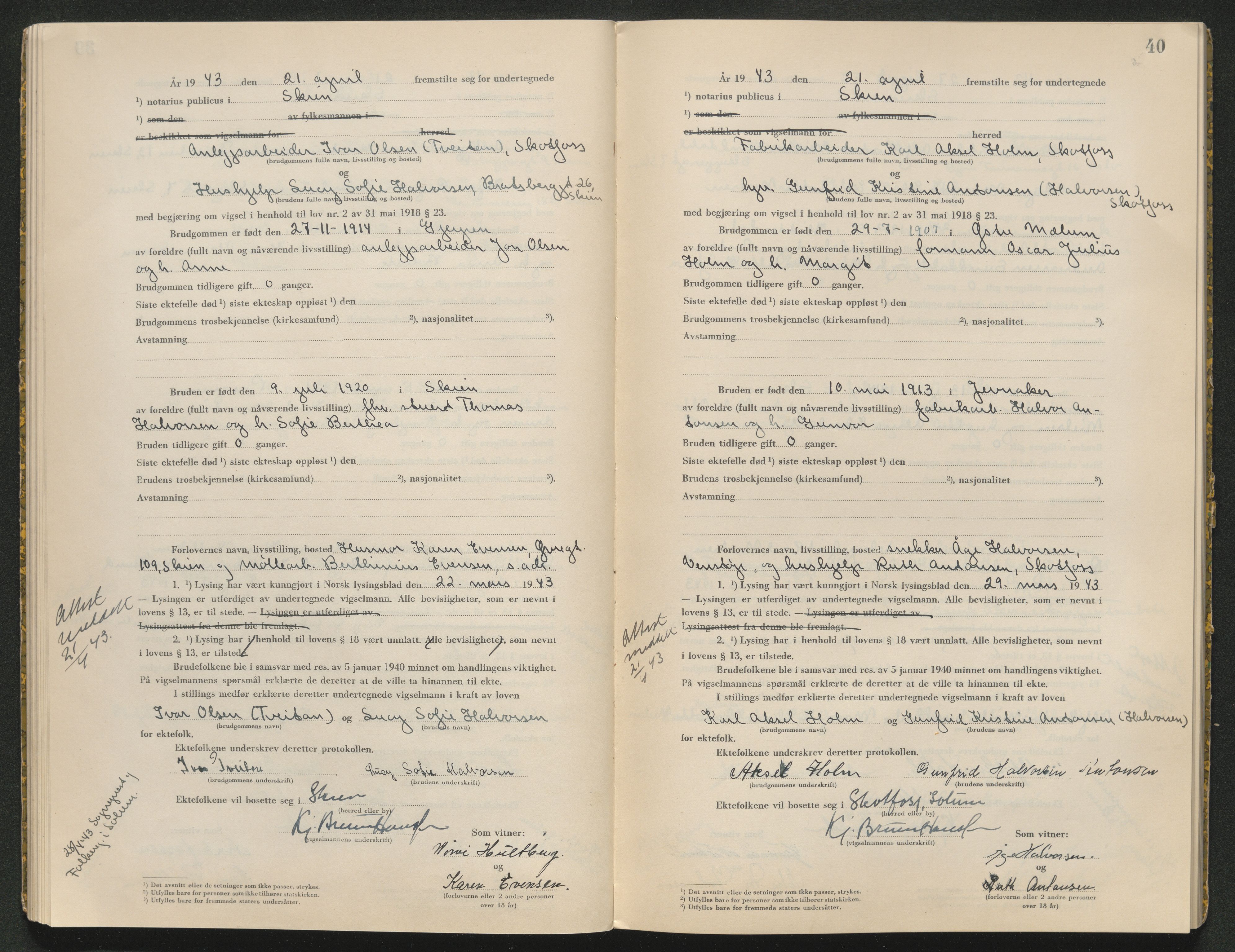 Skien sorenskriveri, AV/SAKO-A-225/L/La/L0001: Vigselsprotokoll, 1920-1947, p. 40