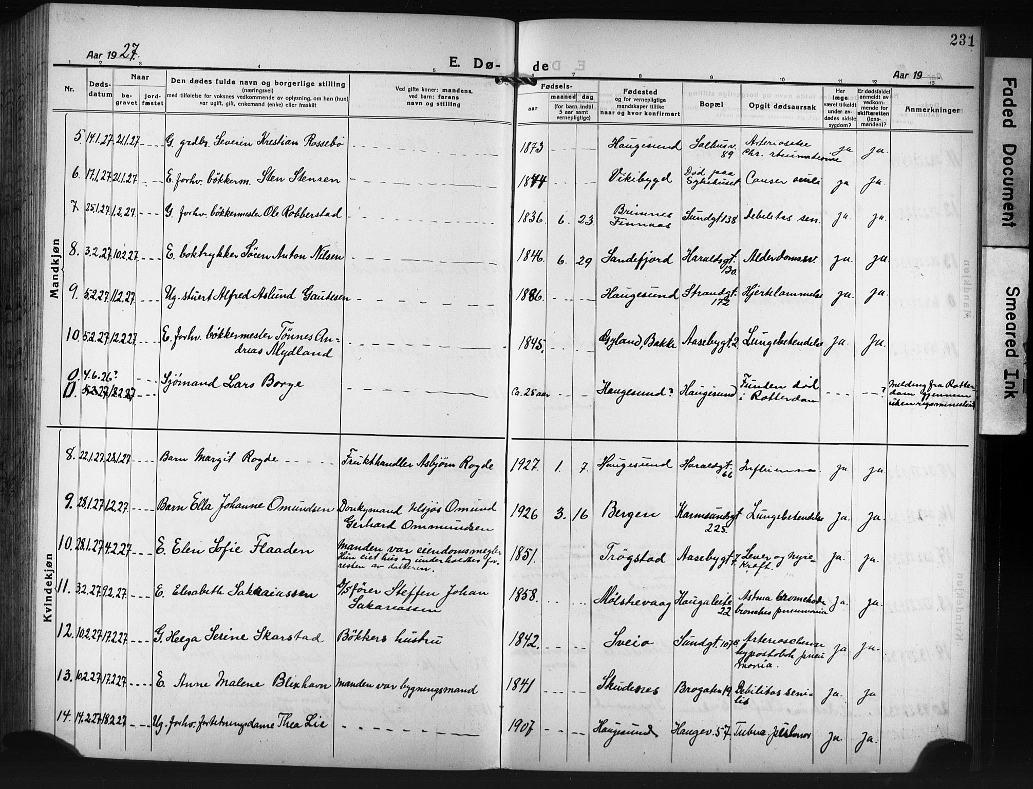 Haugesund sokneprestkontor, AV/SAST-A -101863/H/Ha/Hab/L0010: Parish register (copy) no. B 10, 1920-1931, p. 231