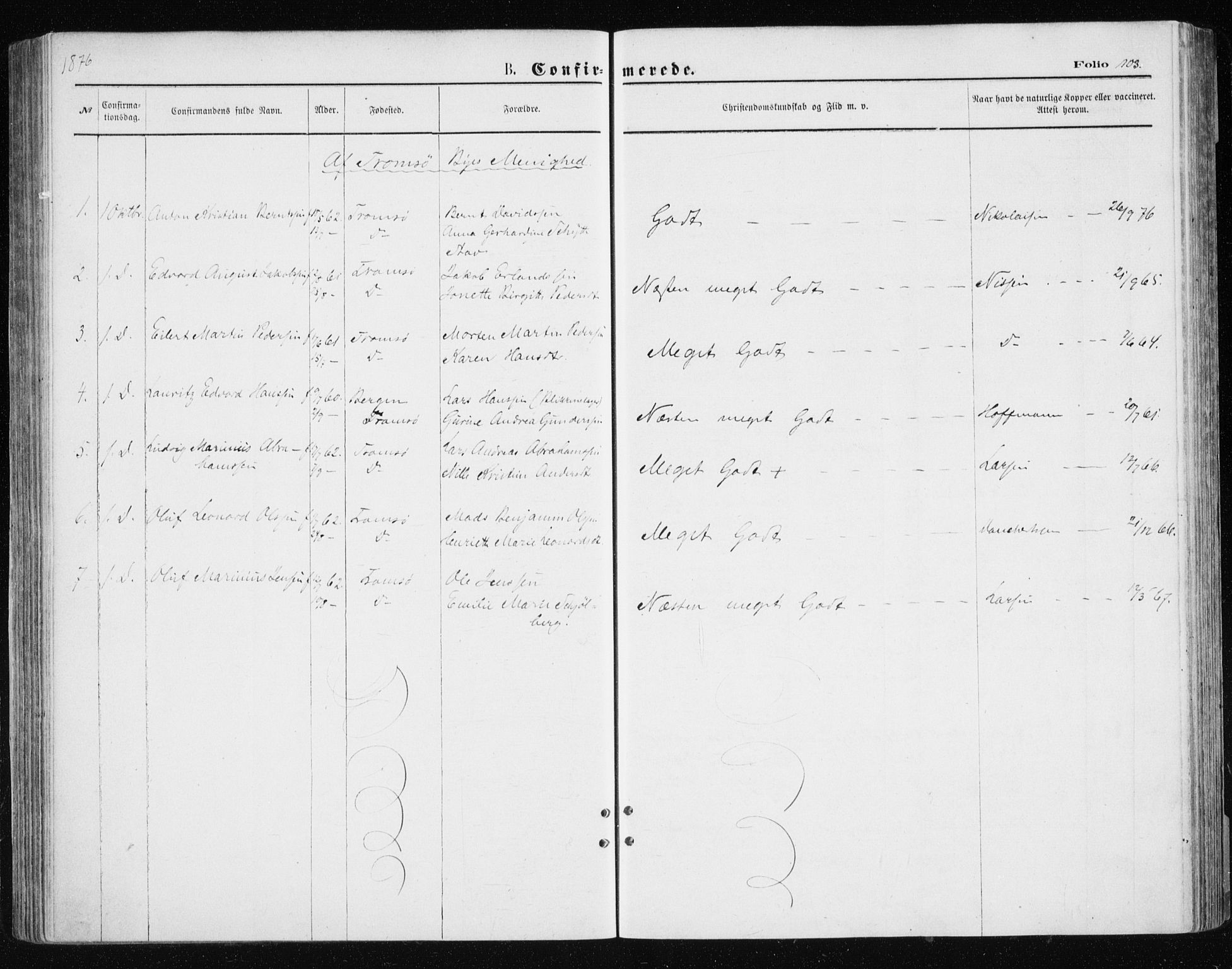 Tromsøysund sokneprestkontor, SATØ/S-1304/G/Ga/L0003kirke: Parish register (official) no. 3, 1875-1880, p. 103