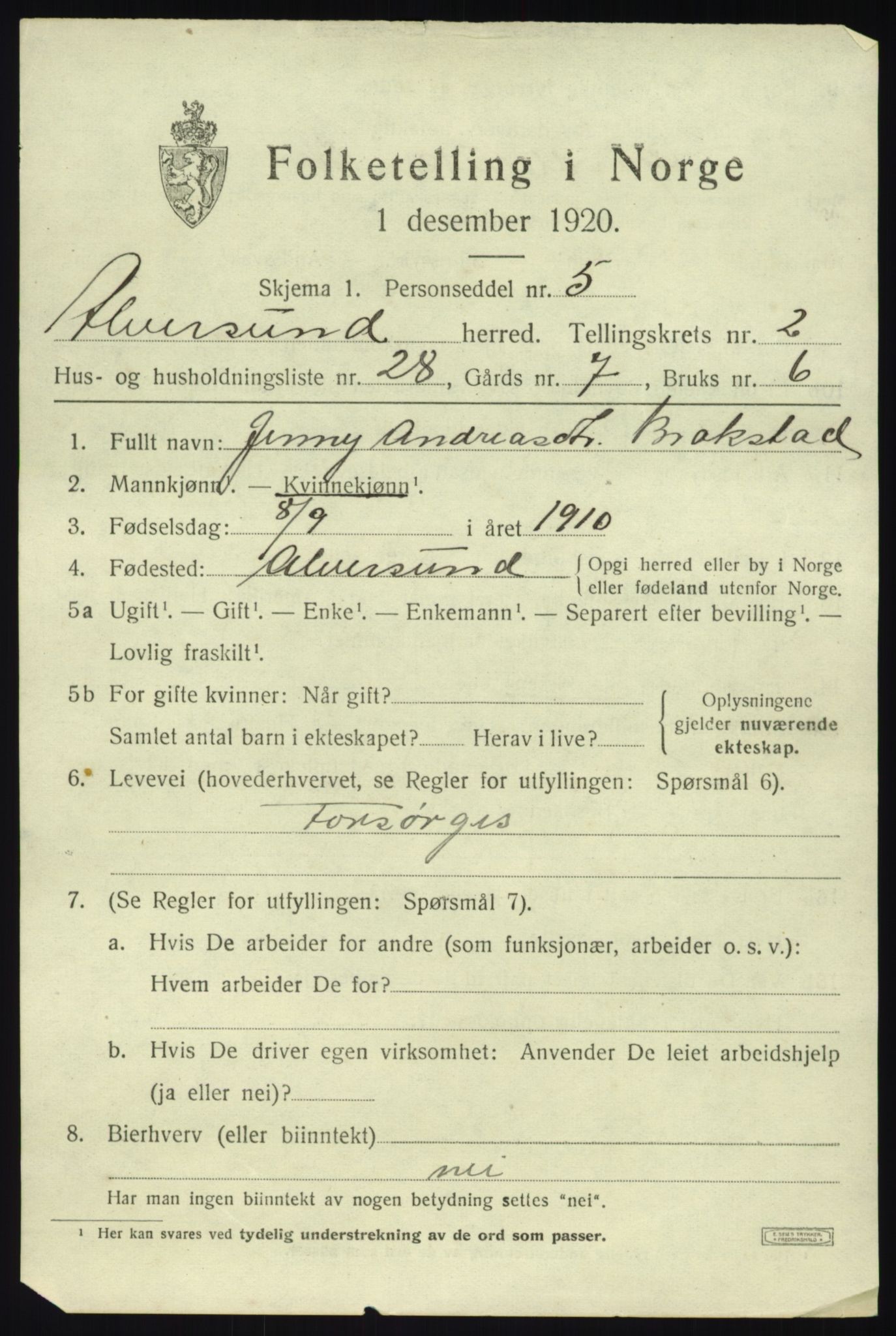 SAB, 1920 census for Alversund, 1920, p. 2012