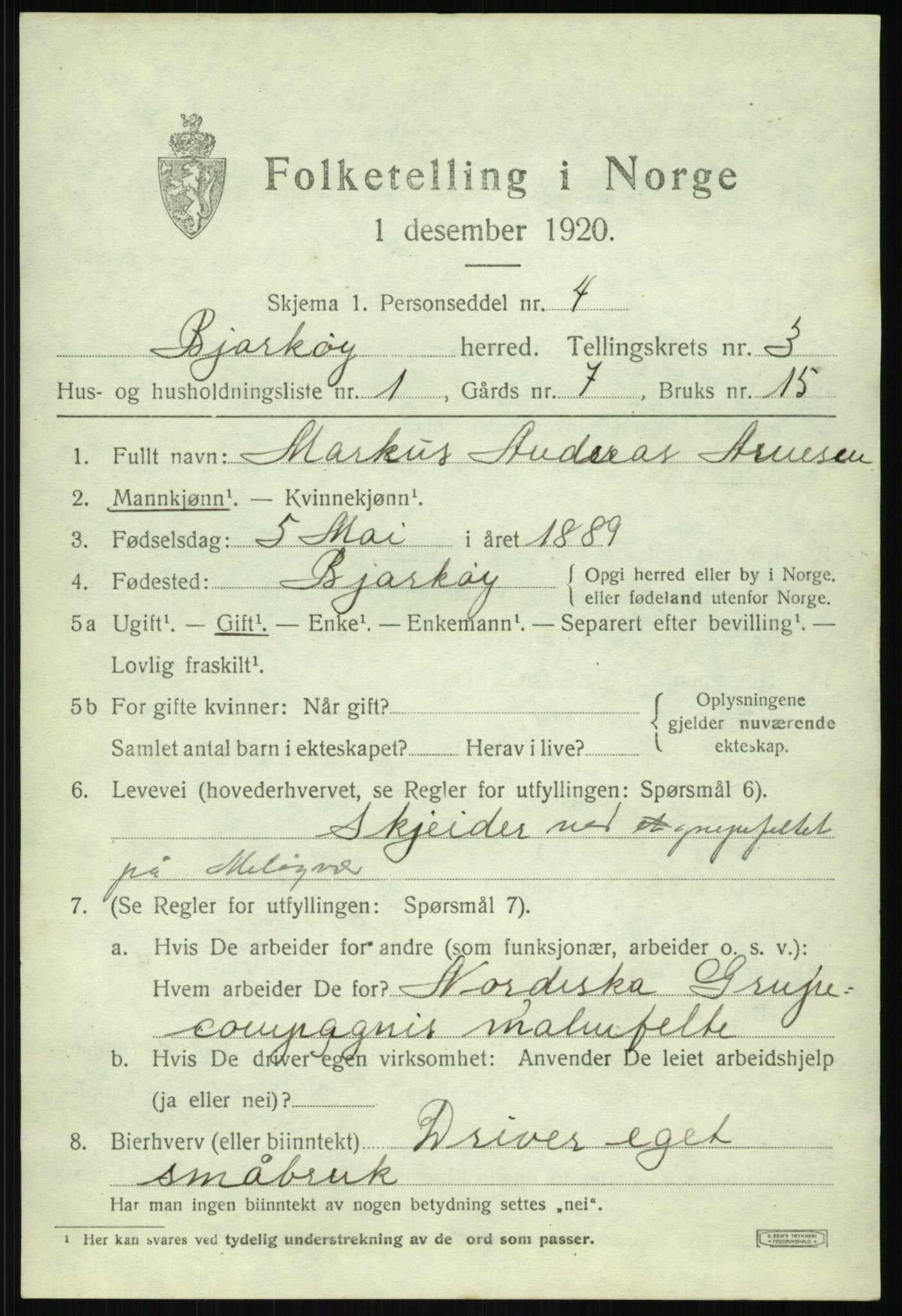 SATØ, 1920 census for Bjarkøy, 1920, p. 1565