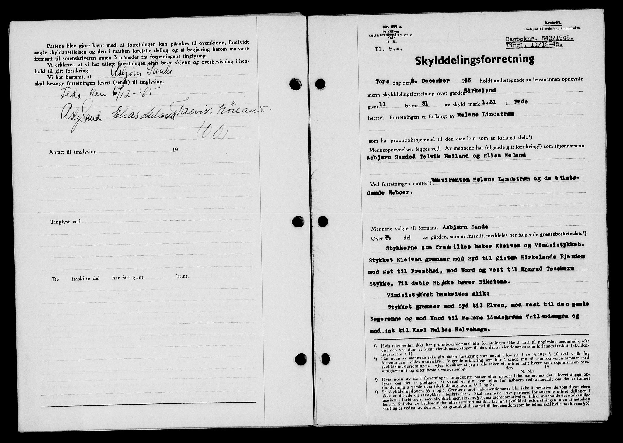 Flekkefjord sorenskriveri, AV/SAK-1221-0001/G/Gb/Gba/L0060: Mortgage book no. A-8, 1945-1946, Diary no: : 543/1945