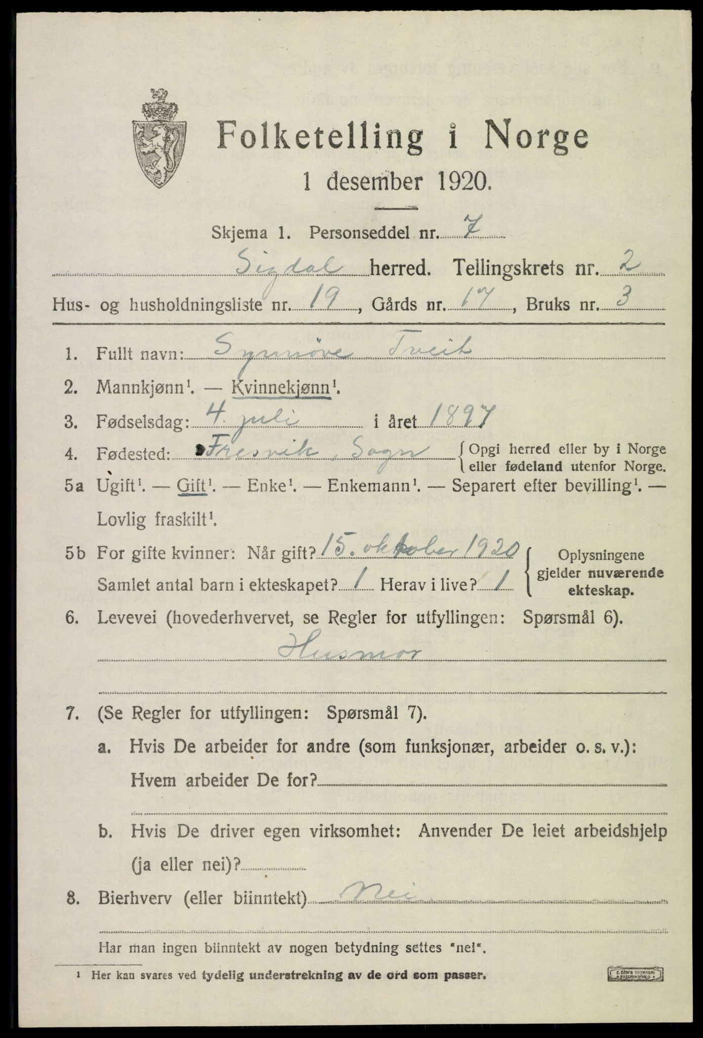 SAKO, 1920 census for Sigdal, 1920, p. 2238