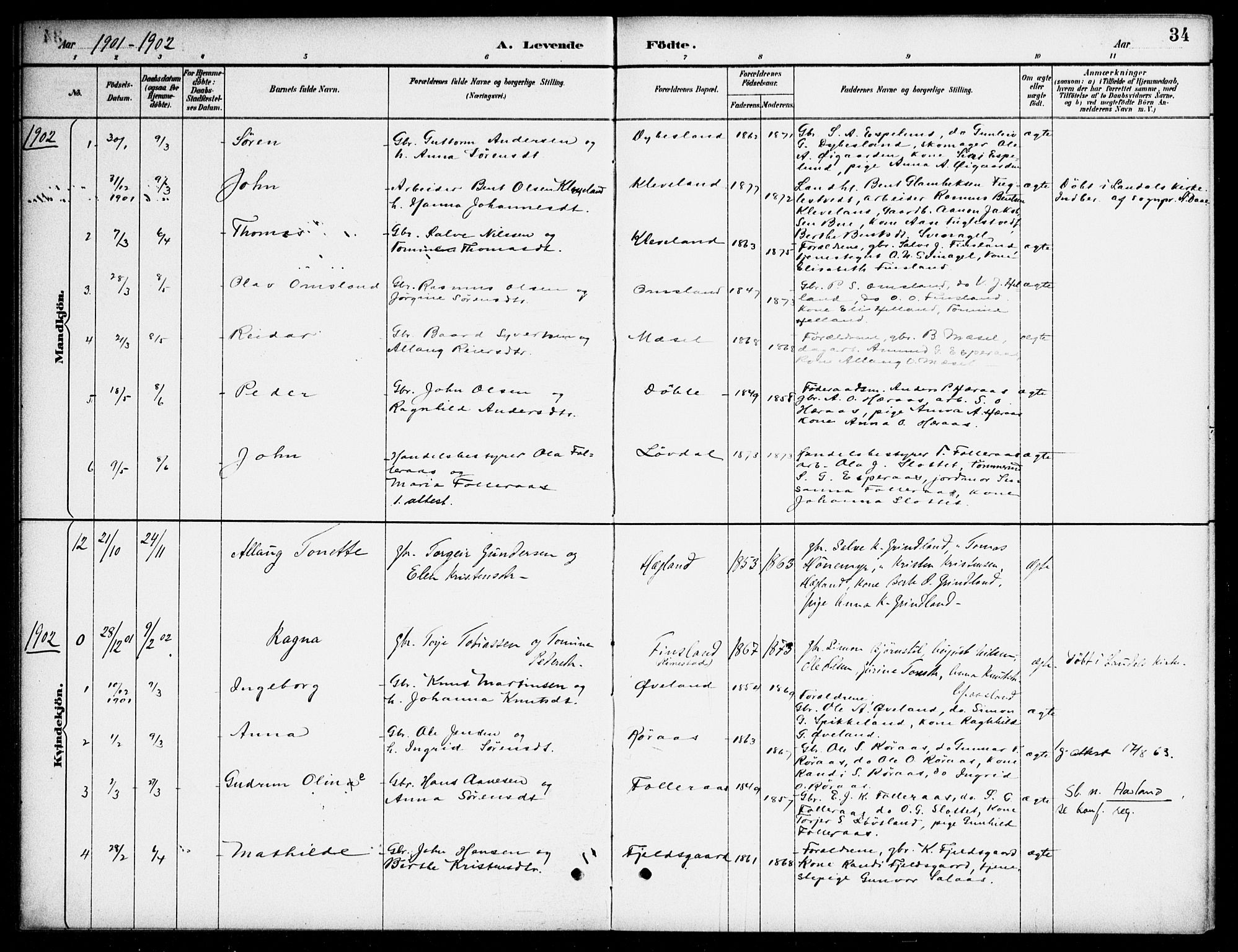 Bjelland sokneprestkontor, AV/SAK-1111-0005/F/Fa/Fab/L0004: Parish register (official) no. A 4, 1887-1920, p. 34