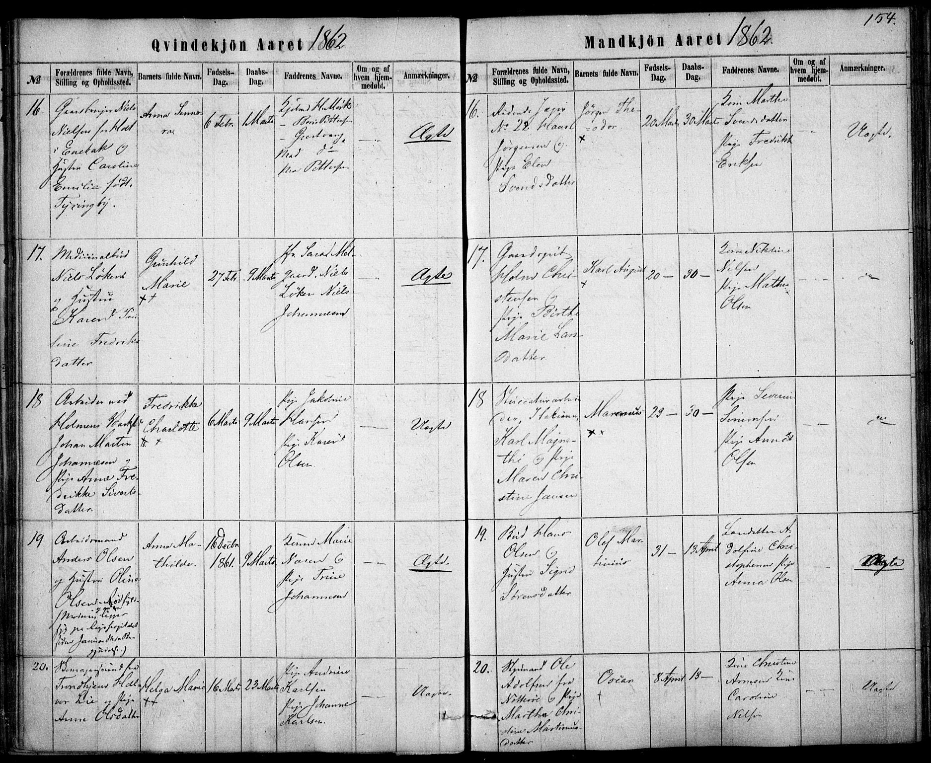 Rikshospitalet prestekontor Kirkebøker, SAO/A-10309b/F/L0004: Parish register (official) no. 4, 1853-1870, p. 154