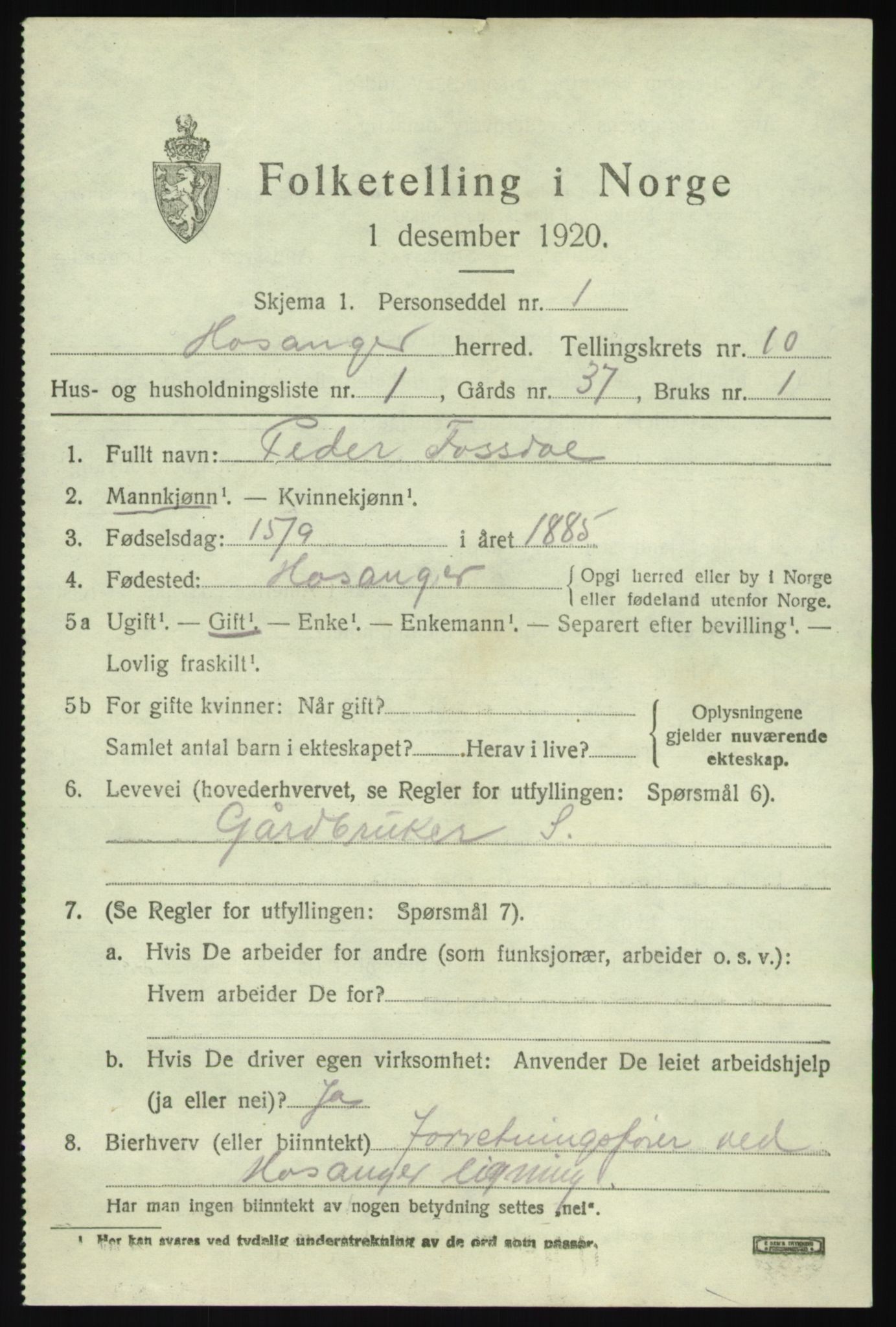 SAB, 1920 census for Hosanger, 1920, p. 4191