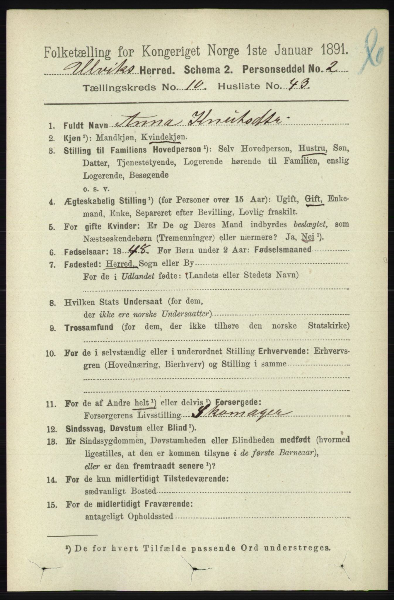 RA, 1891 census for 1233 Ulvik, 1891, p. 3428