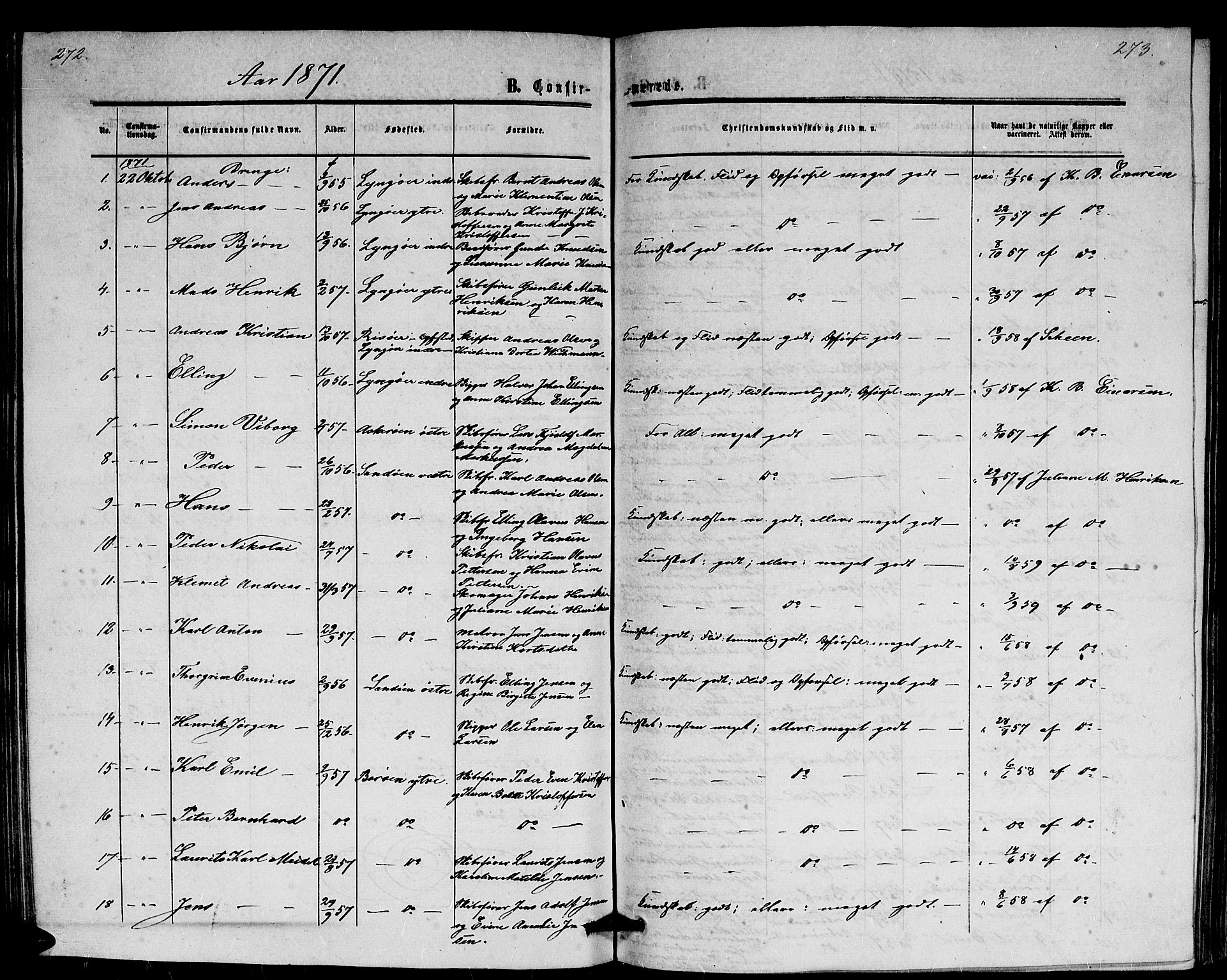 Dypvåg sokneprestkontor, SAK/1111-0007/F/Fb/Fba/L0011: Parish register (copy) no. B 11, 1857-1872, p. 272-273