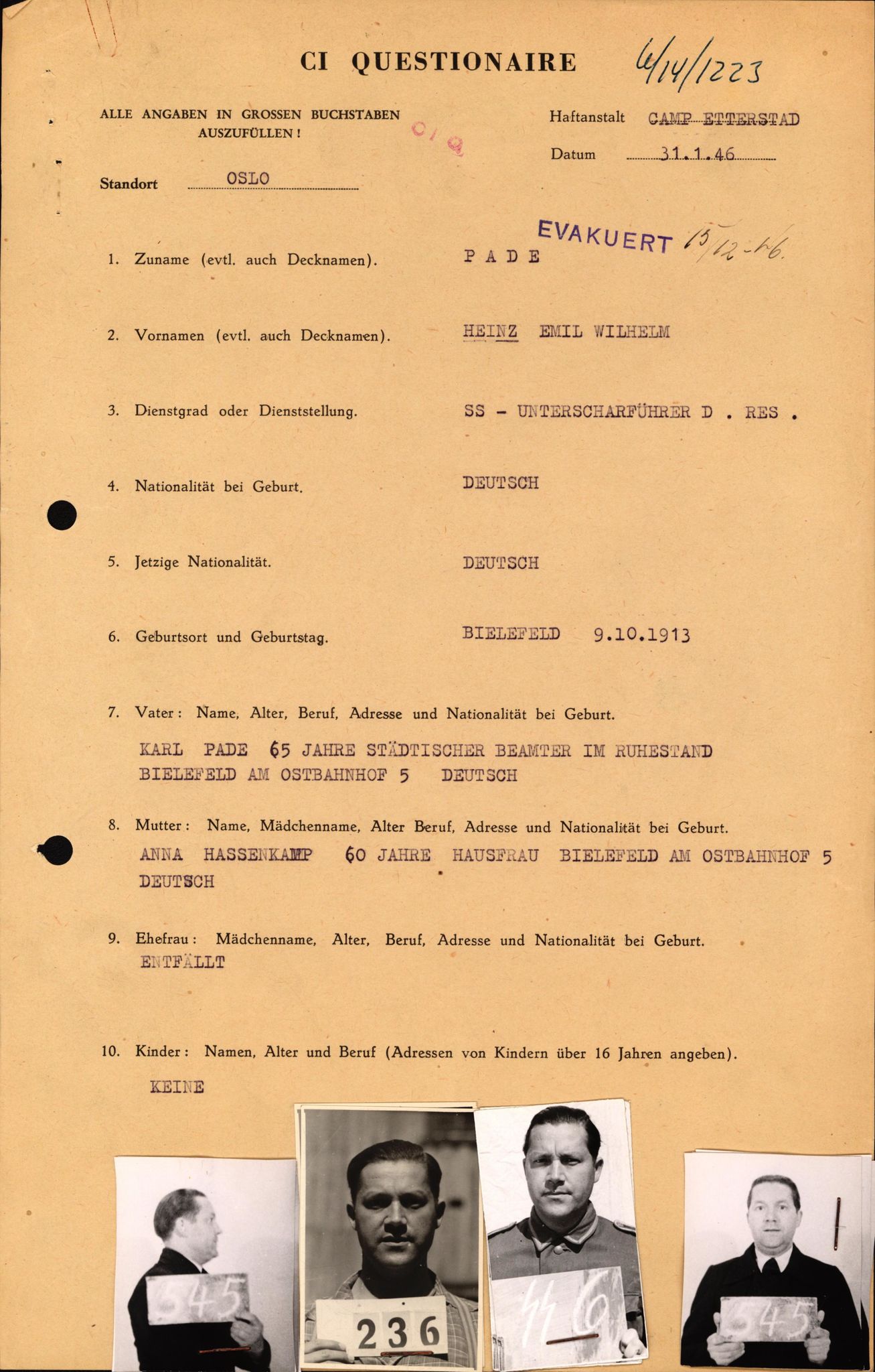 Forsvaret, Forsvarets overkommando II, AV/RA-RAFA-3915/D/Db/L0025: CI Questionaires. Tyske okkupasjonsstyrker i Norge. Tyskere., 1945-1946, p. 302