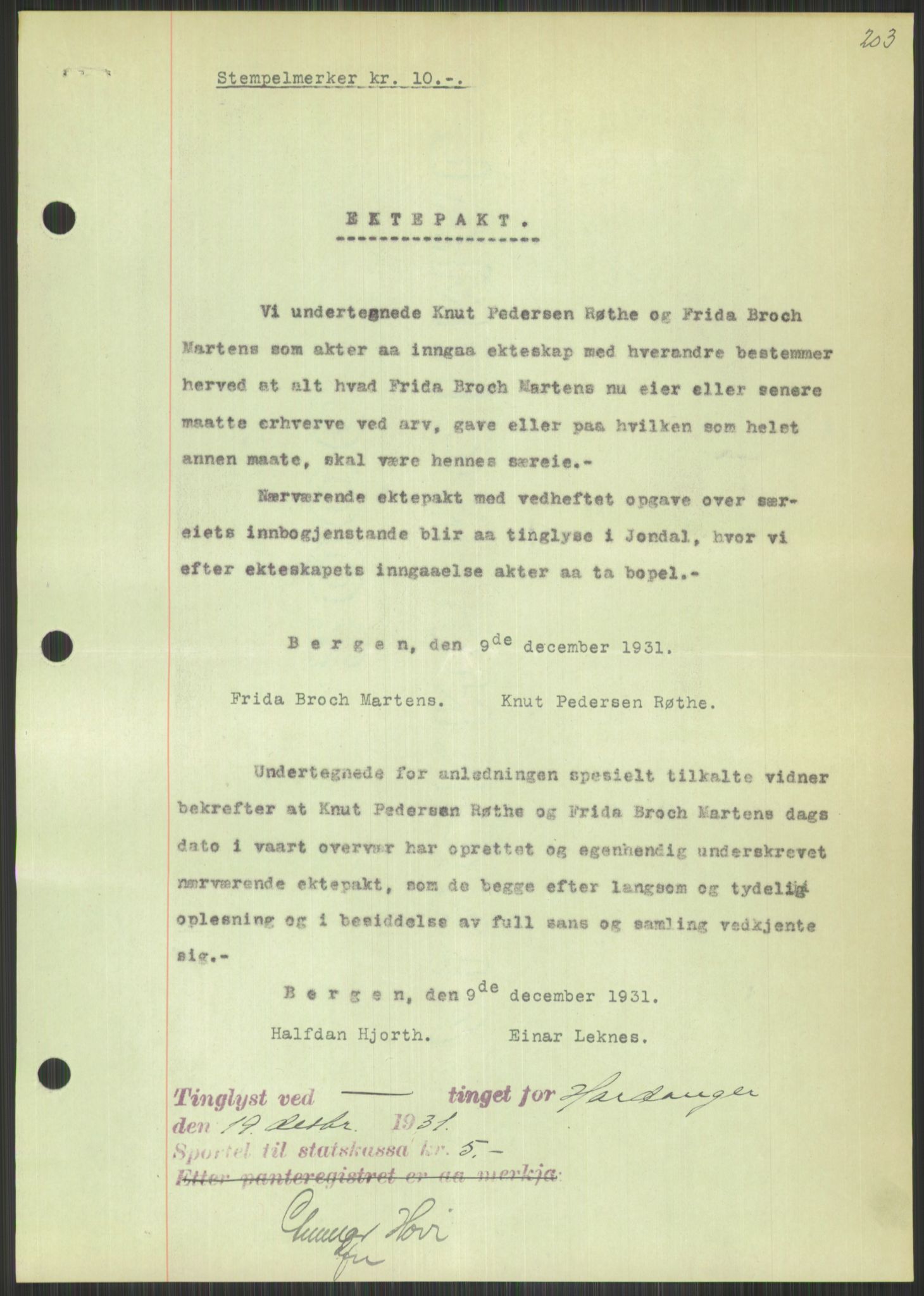 Oslo byskriverembete, AV/SAO-A-10227/2/G/Gb/L0051: Tinglyste ektepakter, Rogaland, bind 5, og Hordaland, bind 1, 1927-1950, p. 203a