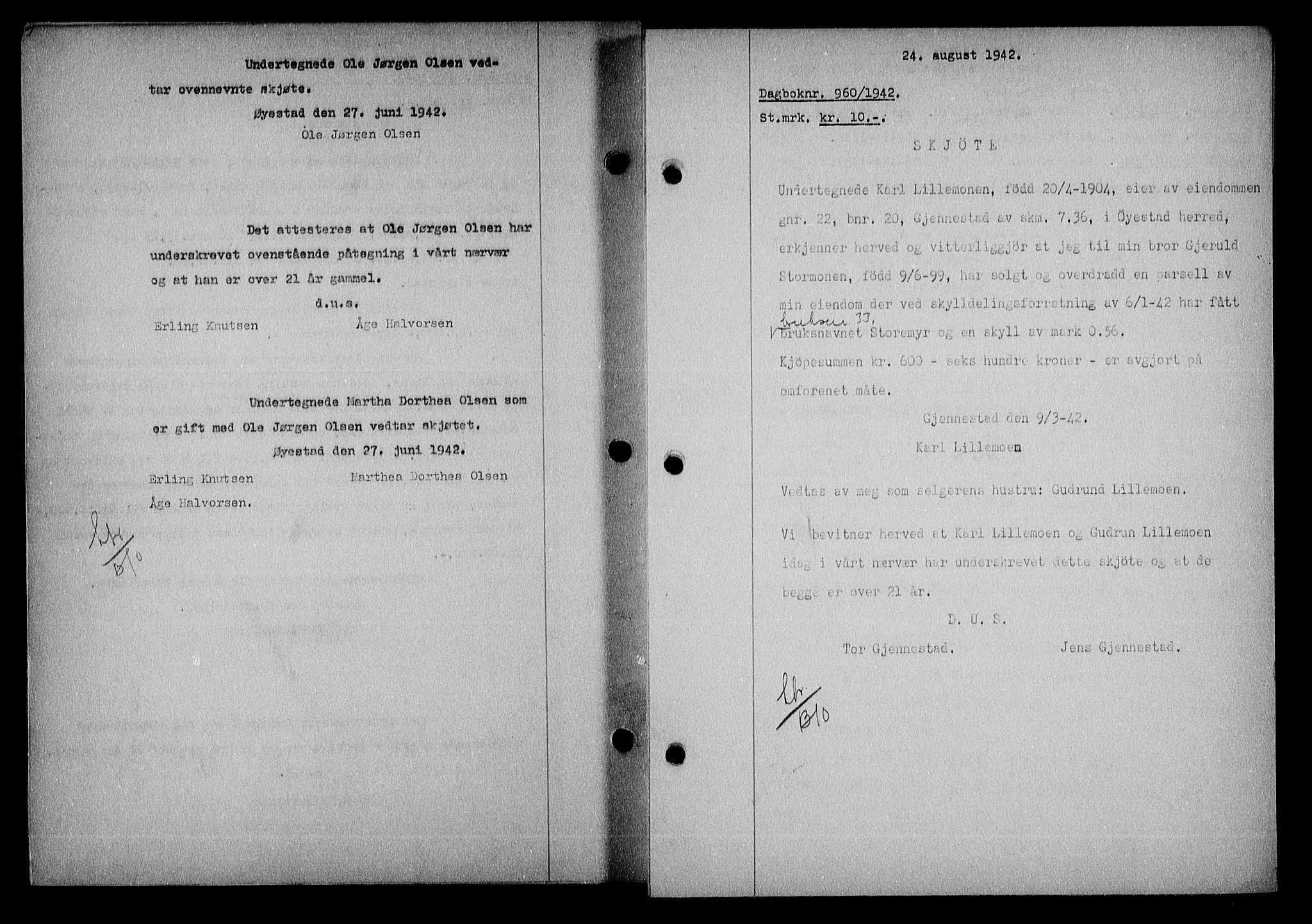Nedenes sorenskriveri, SAK/1221-0006/G/Gb/Gba/L0049: Mortgage book no. A-III, 1941-1942, Diary no: : 960/1942