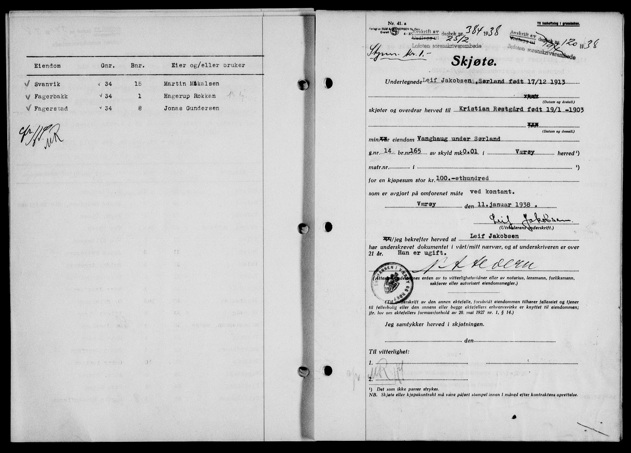 Lofoten sorenskriveri, SAT/A-0017/1/2/2C/L0003a: Mortgage book no. 3a, 1937-1938, Diary no: : 384/1938