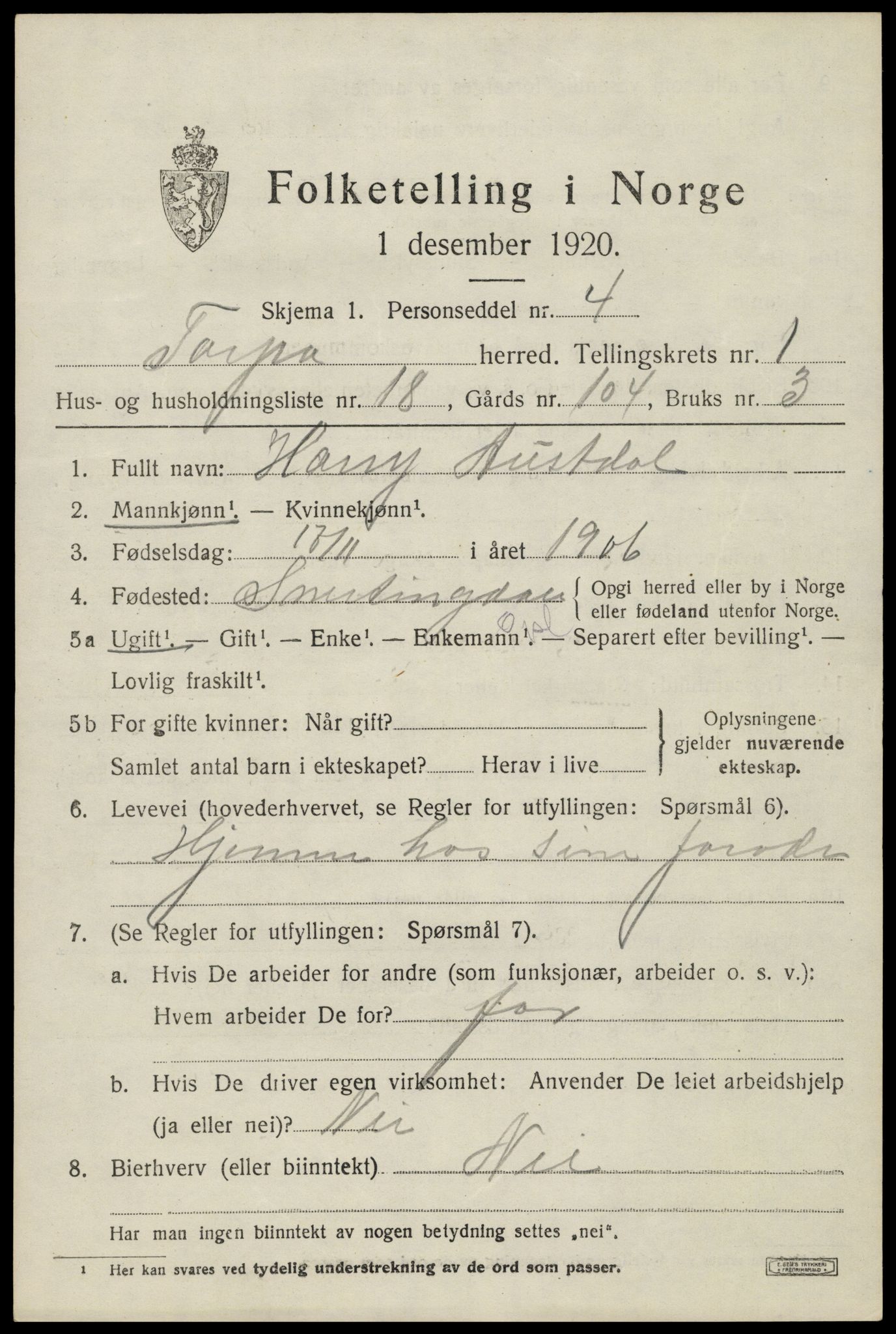 SAH, 1920 census for Torpa, 1920, p. 1187