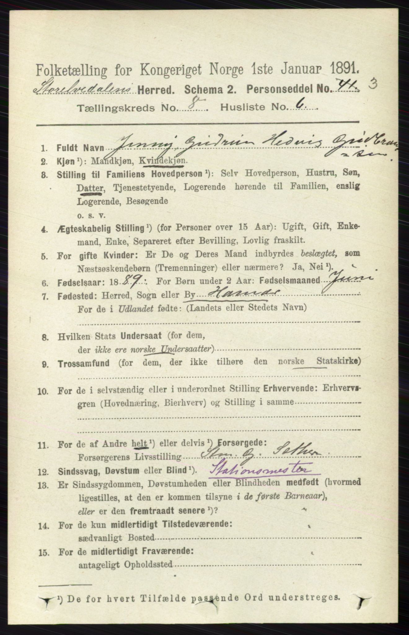 RA, 1891 census for 0430 Stor-Elvdal, 1891, p. 3483
