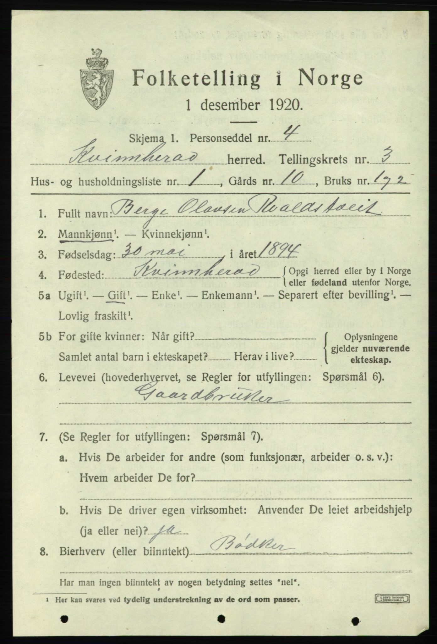 SAB, 1920 census for Kvinnherad, 1920, p. 4490