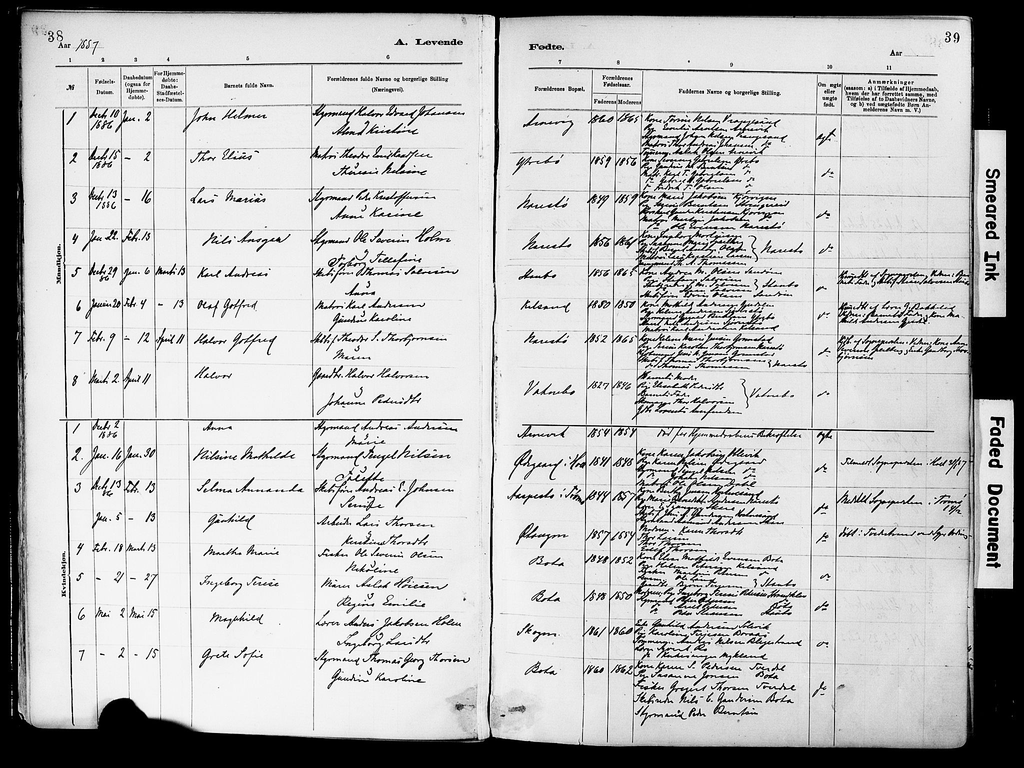 Dypvåg sokneprestkontor, SAK/1111-0007/F/Fa/Fab/L0001: Parish register (official) no. A 1, 1885-1912, p. 38-39