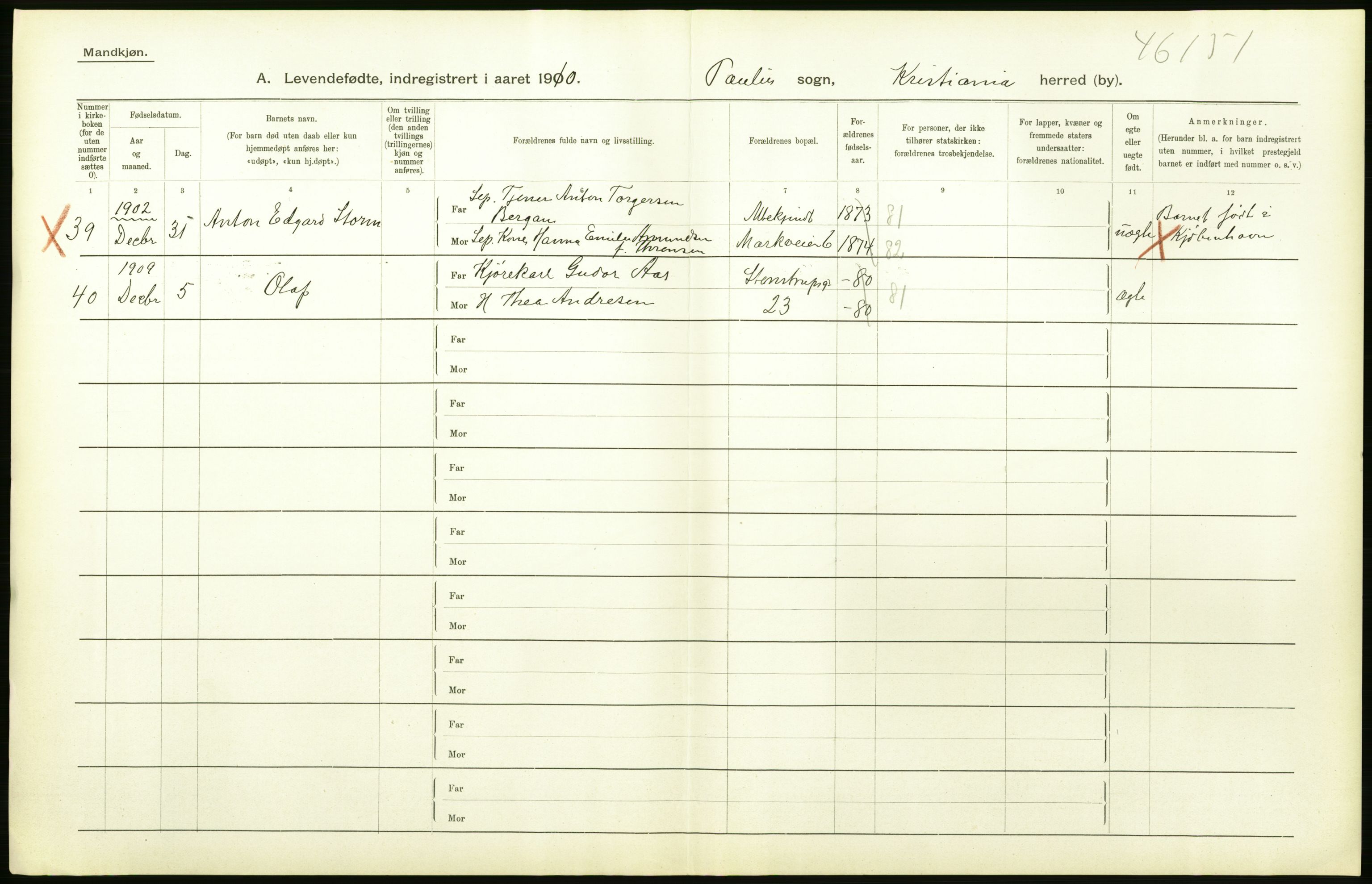 Statistisk sentralbyrå, Sosiodemografiske emner, Befolkning, AV/RA-S-2228/D/Df/Dfa/Dfah/L0006: Kristiania: Levendefødte menn., 1910, p. 298