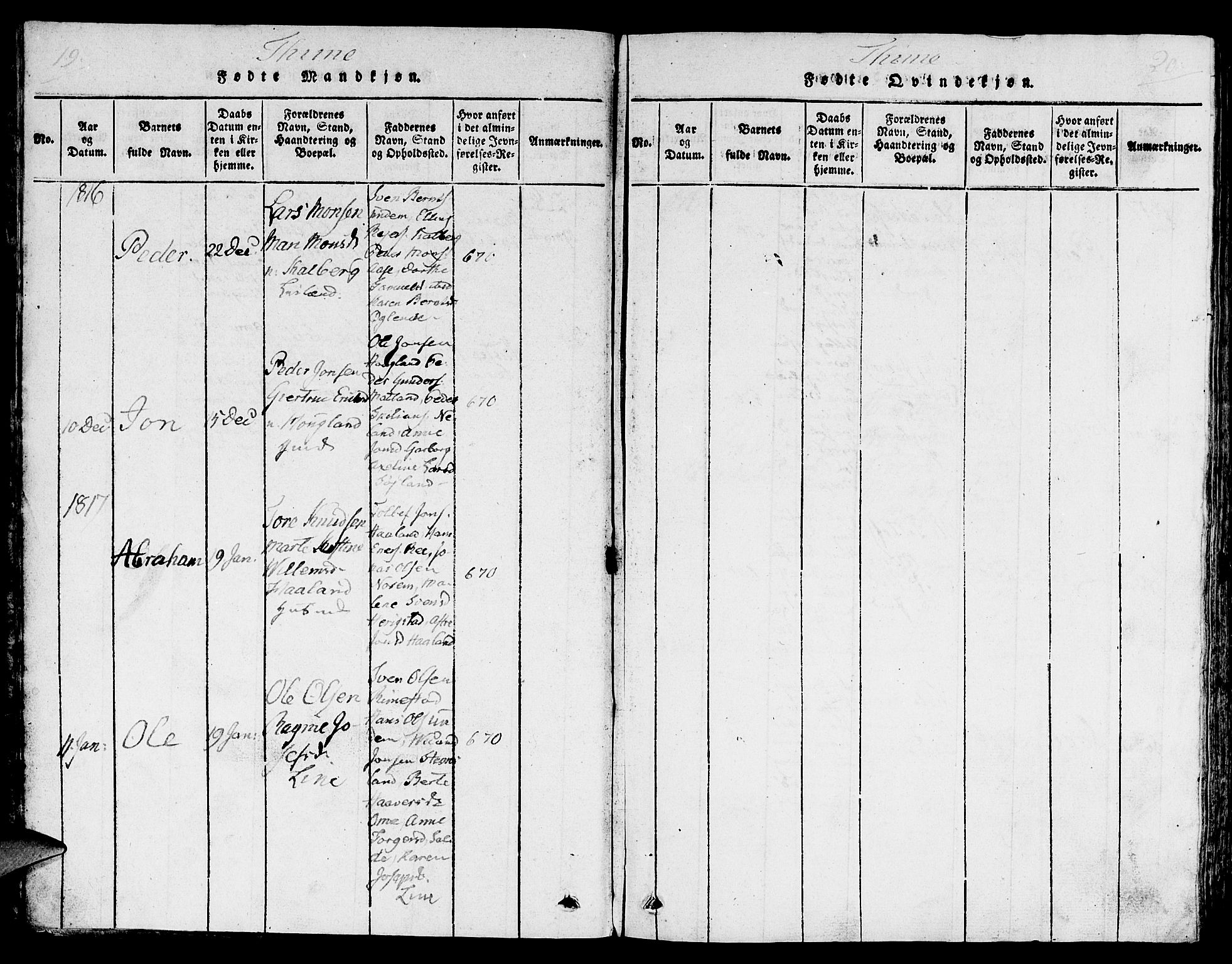 Lye sokneprestkontor, SAST/A-101794/001/30/30BA/L0003: Parish register (official) no. A 3 /1, 1816-1826, p. 19-20