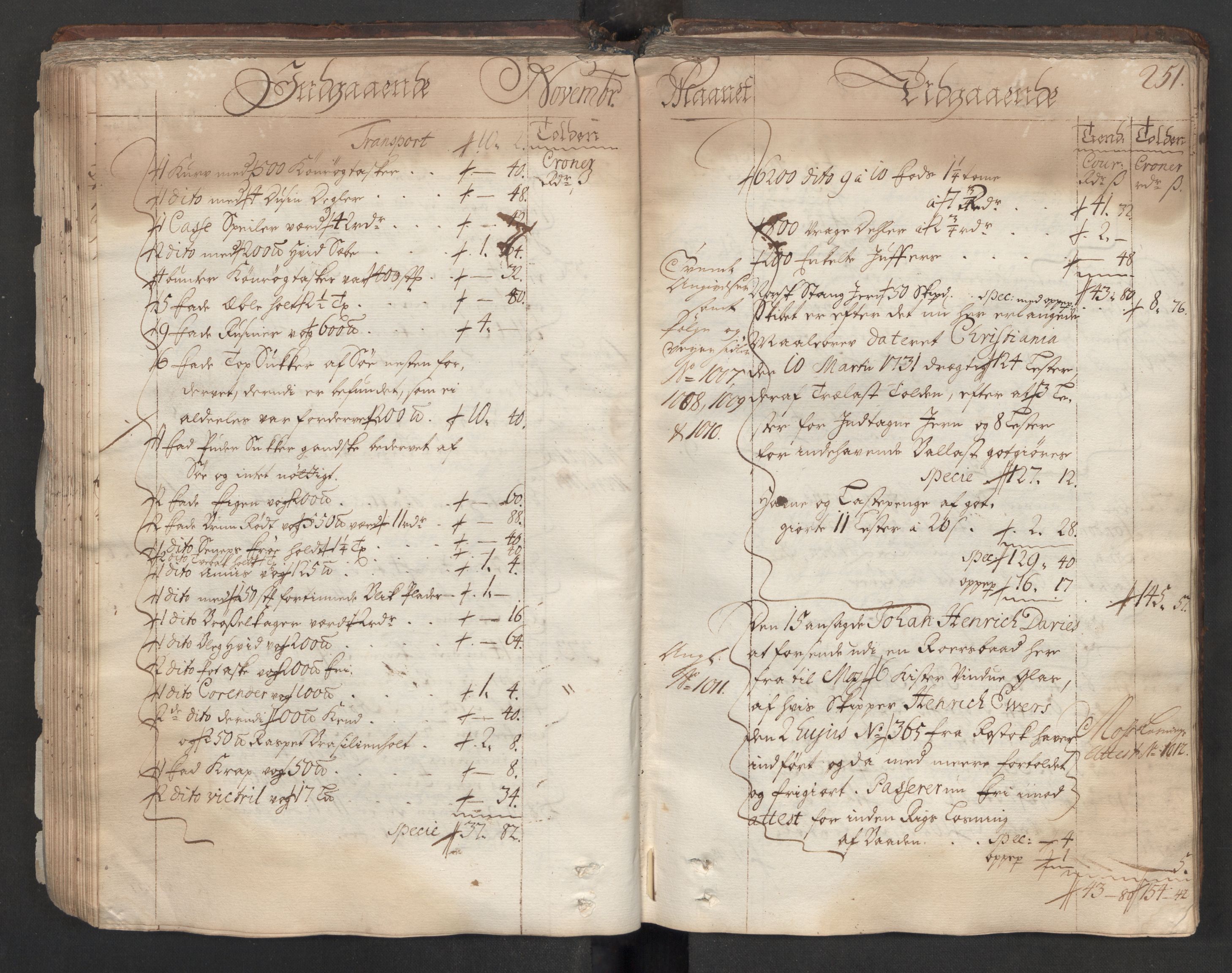 Generaltollkammeret, tollregnskaper, AV/RA-EA-5490/R06/L0012/0001: Tollregnskaper Kristiania / Hovedtollbok, 1731, p. 250b-251a