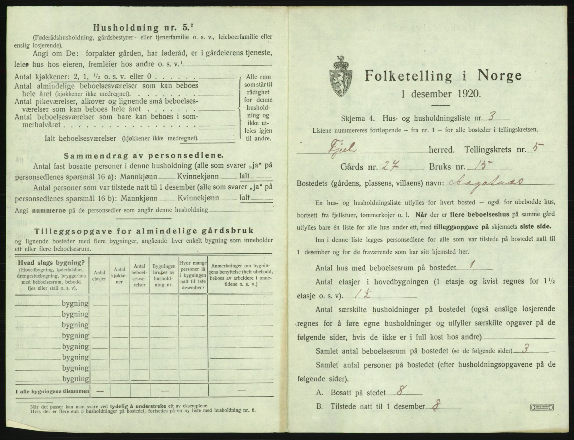 SAB, 1920 census for Fjell, 1920, p. 507