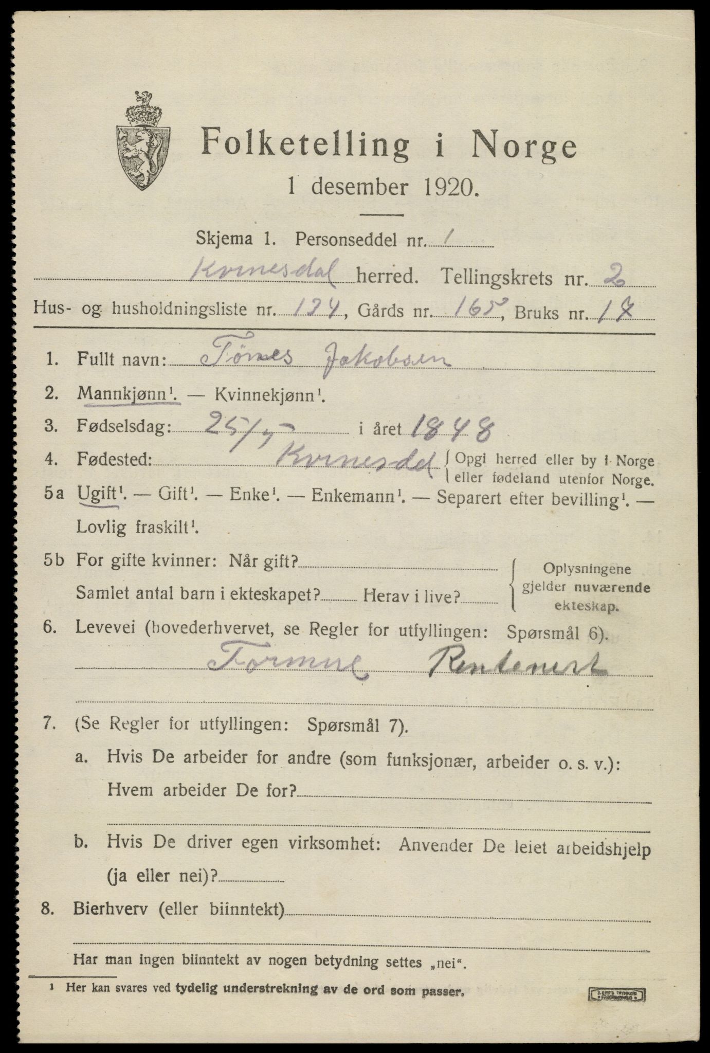 SAK, 1920 census for Kvinesdal, 1920, p. 3157