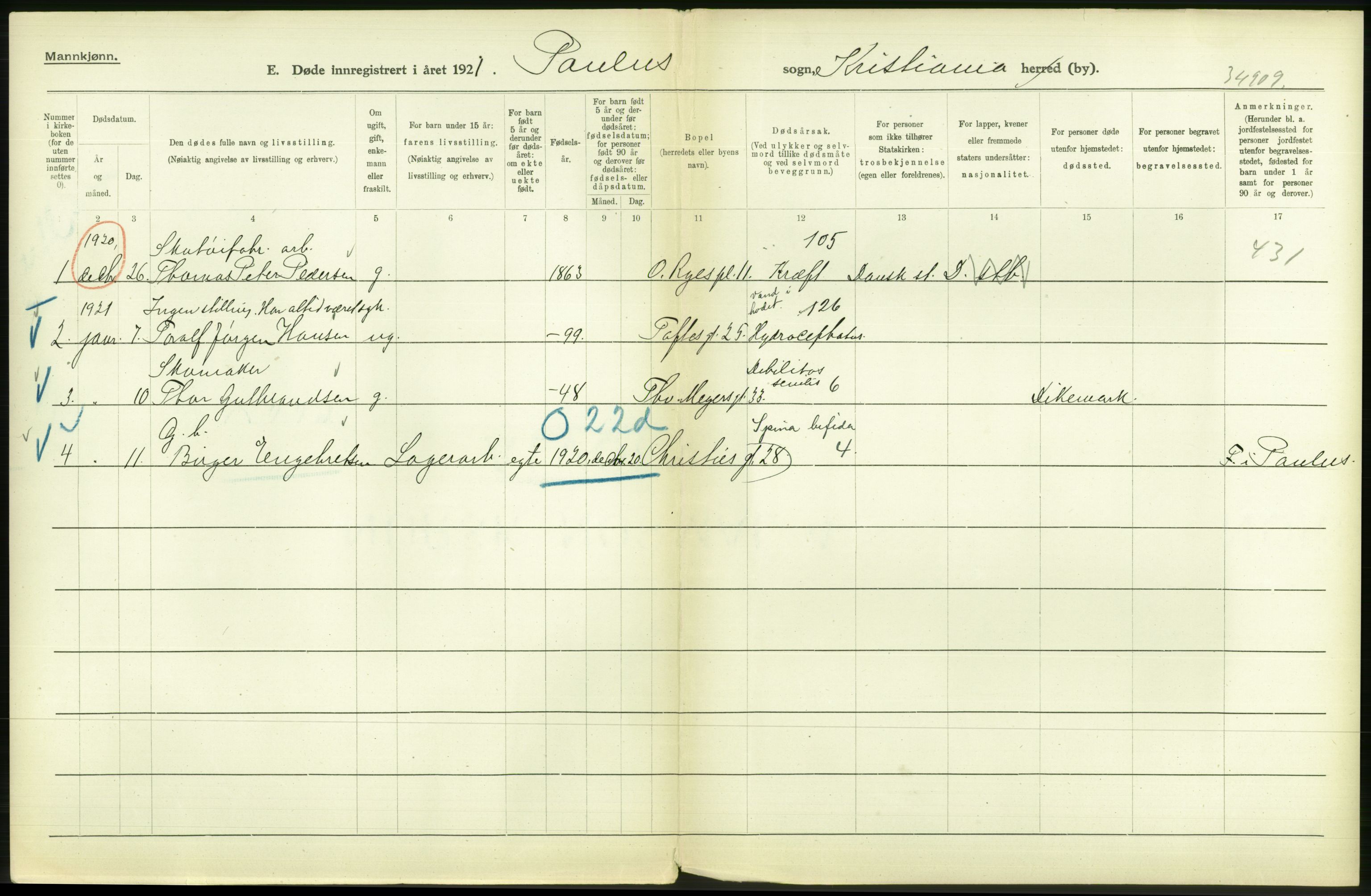 Statistisk sentralbyrå, Sosiodemografiske emner, Befolkning, AV/RA-S-2228/D/Df/Dfc/Dfca/L0012: Kristiania: Døde, 1921, p. 140