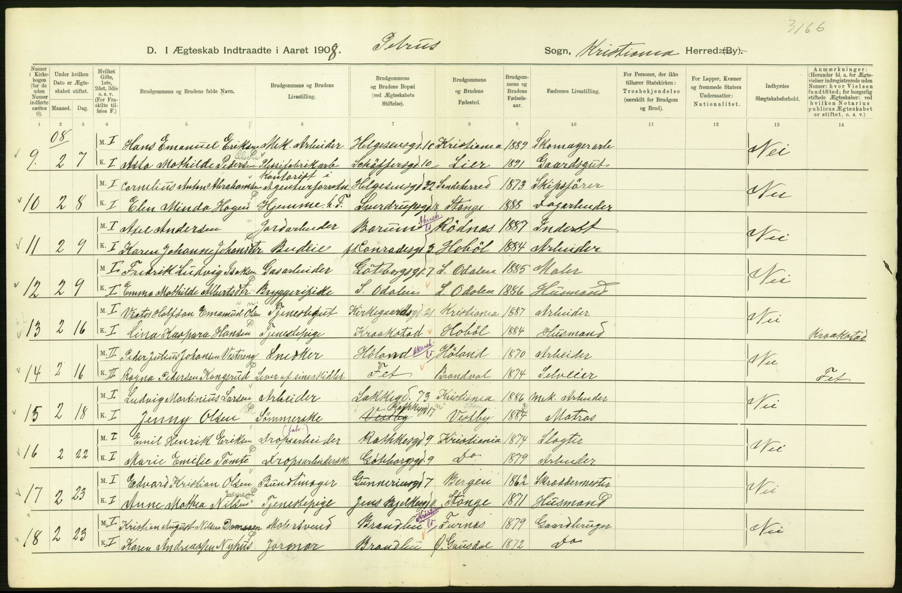 Statistisk sentralbyrå, Sosiodemografiske emner, Befolkning, AV/RA-S-2228/D/Df/Dfa/Dfaf/L0007: Kristiania: Gifte, 1908, p. 46