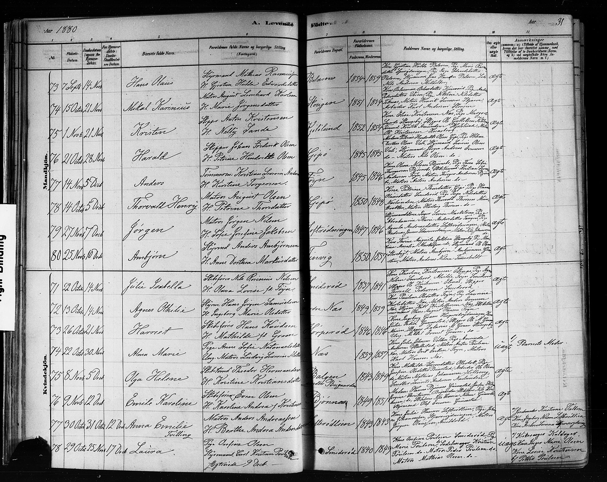 Nøtterøy kirkebøker, AV/SAKO-A-354/F/Fa/L0008: Parish register (official) no. I 8, 1878-1893, p. 31