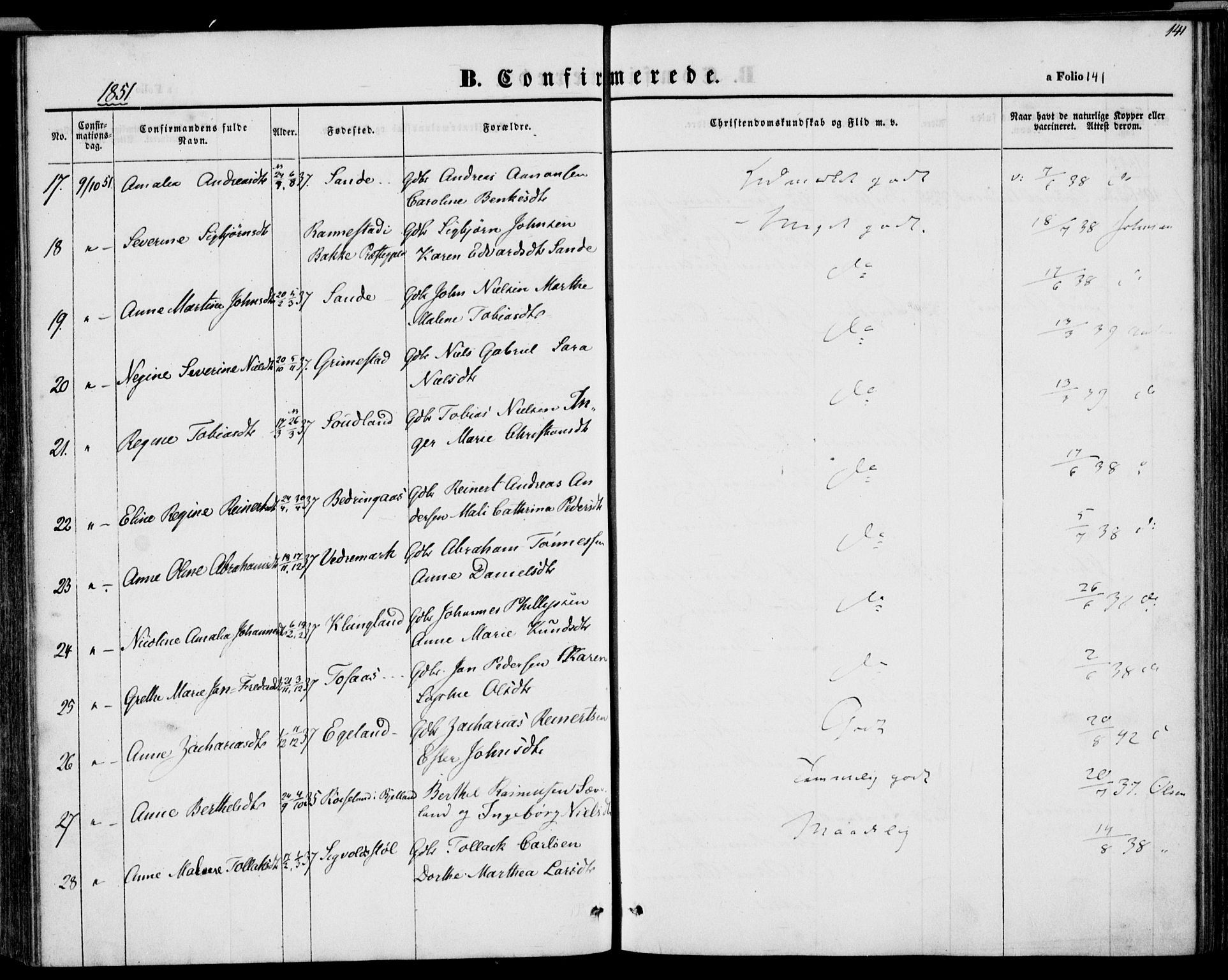 Herad sokneprestkontor, AV/SAK-1111-0018/F/Fa/Faa/L0004: Parish register (official) no. A 4, 1844-1853, p. 141