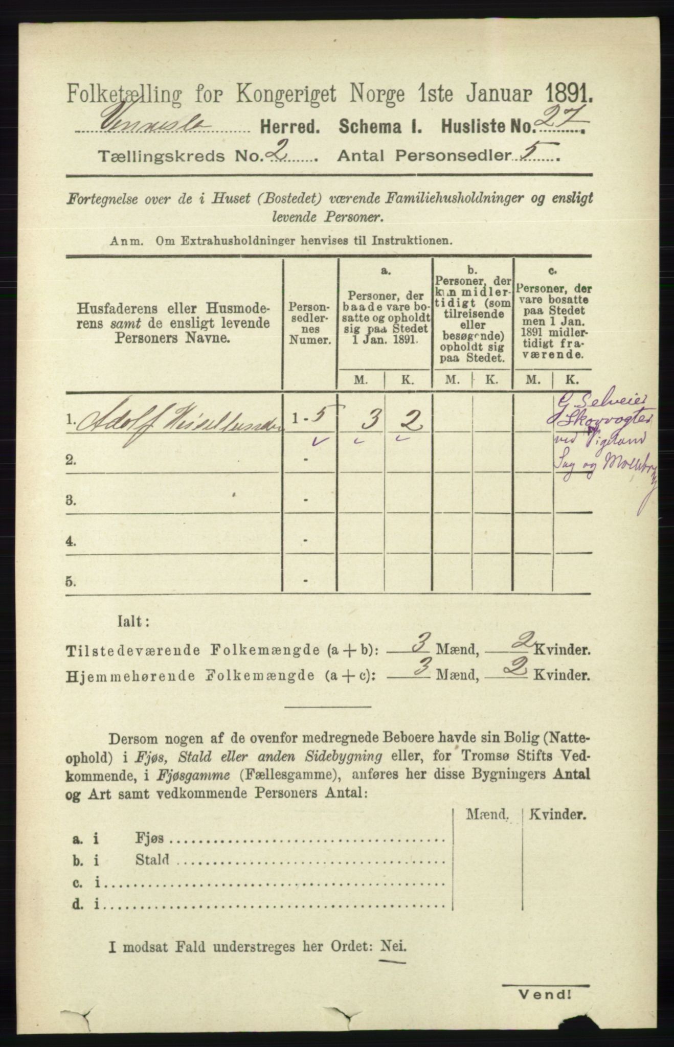 RA, 1891 census for 1014 Vennesla, 1891, p. 394