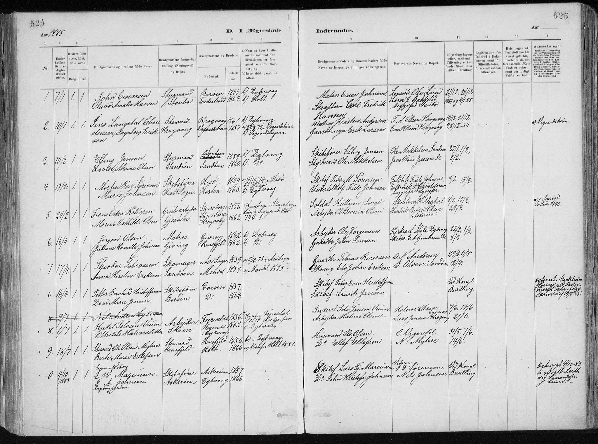 Dypvåg sokneprestkontor, SAK/1111-0007/F/Fa/Faa/L0008: Parish register (official) no. A 8, 1885-1906, p. 524-525