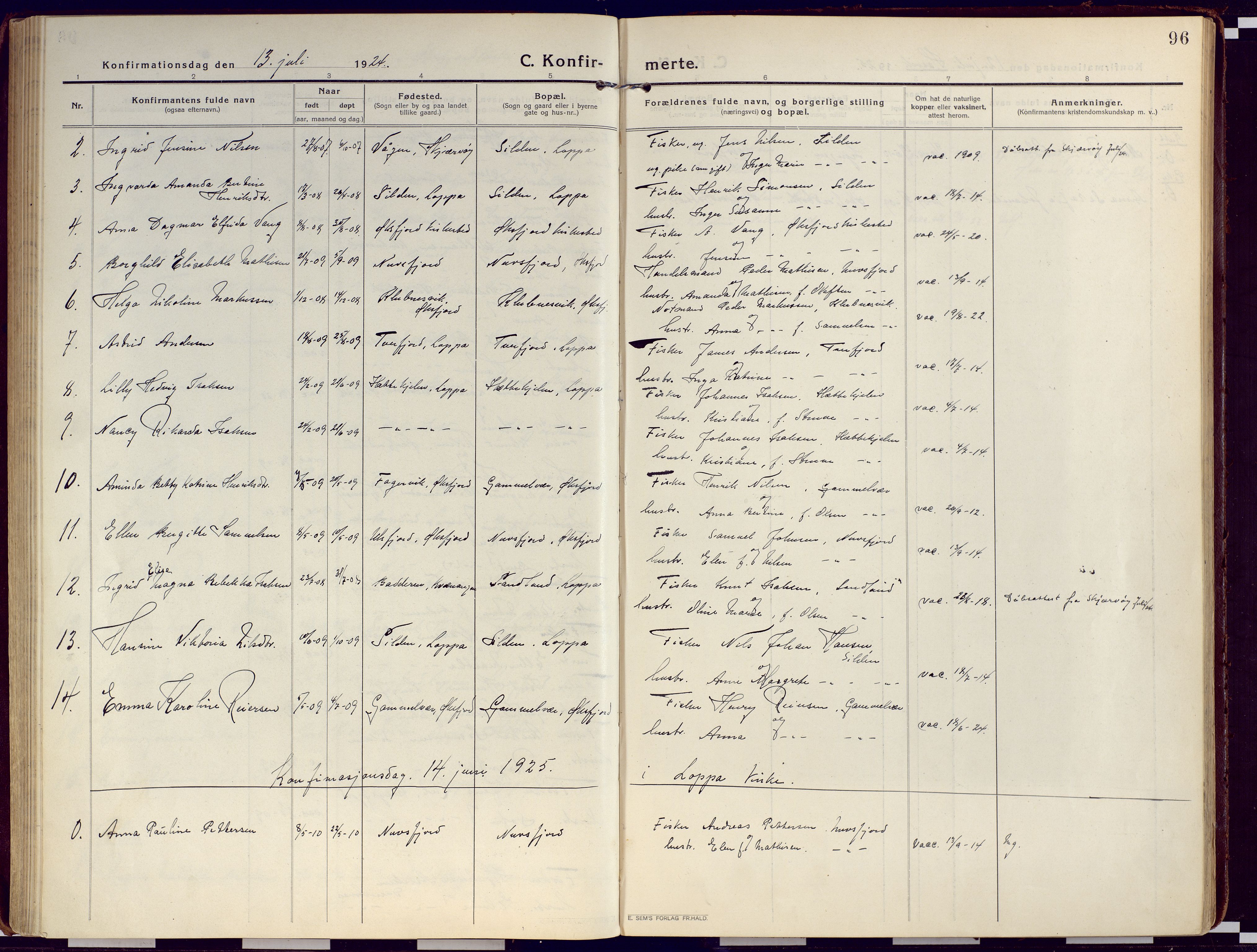 Loppa sokneprestkontor, SATØ/S-1339/H/Ha/L0012kirke: Parish register (official) no. 12, 1917-1932, p. 96