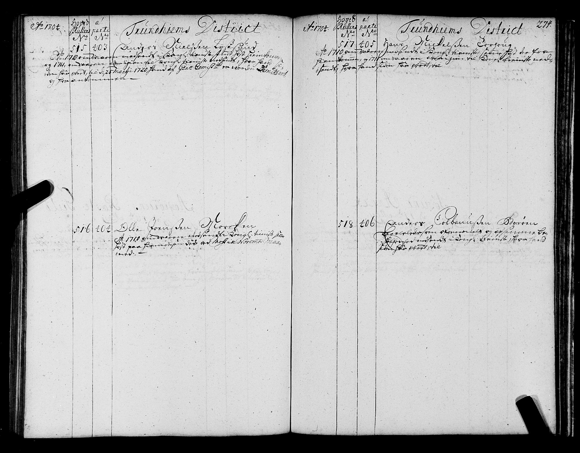 Sjøinnrulleringen - Trondhjemske distrikt, AV/SAT-A-5121/01/L0004: Ruller over sjøfolk i Trondhjem by, 1704-1710, p. 274