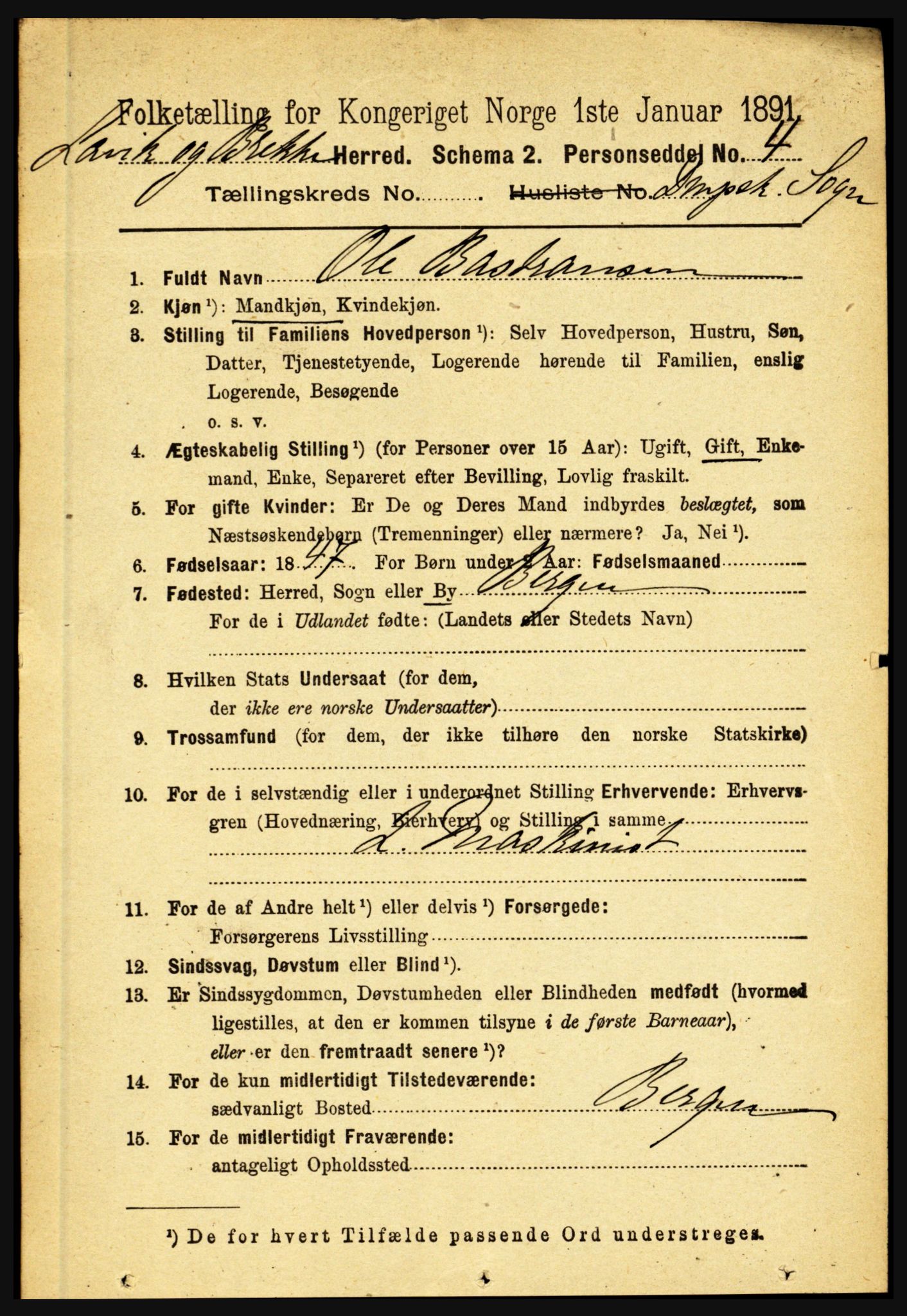 RA, 1891 census for 1415 Lavik og Brekke, 1891, p. 2681