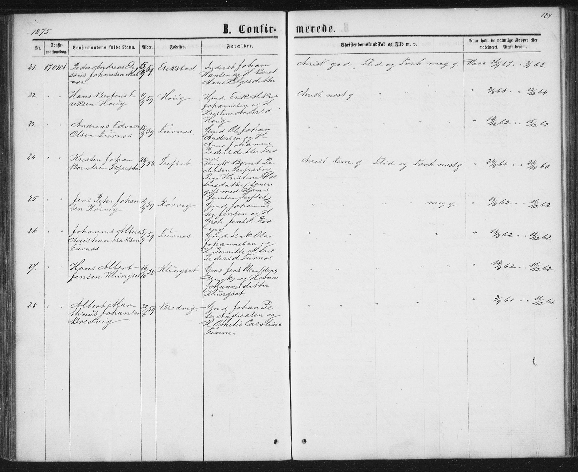 Ministerialprotokoller, klokkerbøker og fødselsregistre - Nordland, AV/SAT-A-1459/852/L0739: Parish register (official) no. 852A09, 1866-1877, p. 184