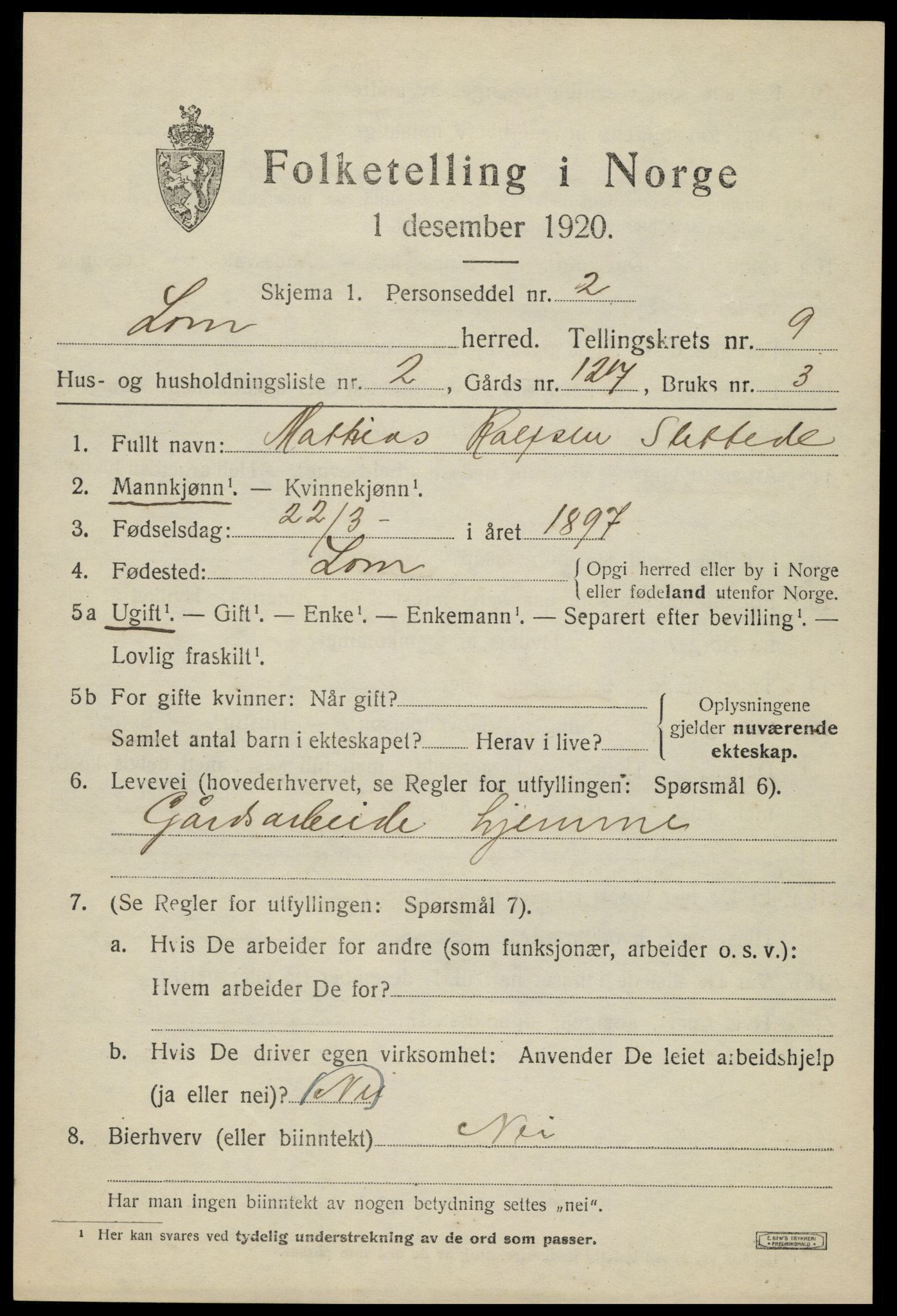 SAH, 1920 census for Lom, 1920, p. 5086