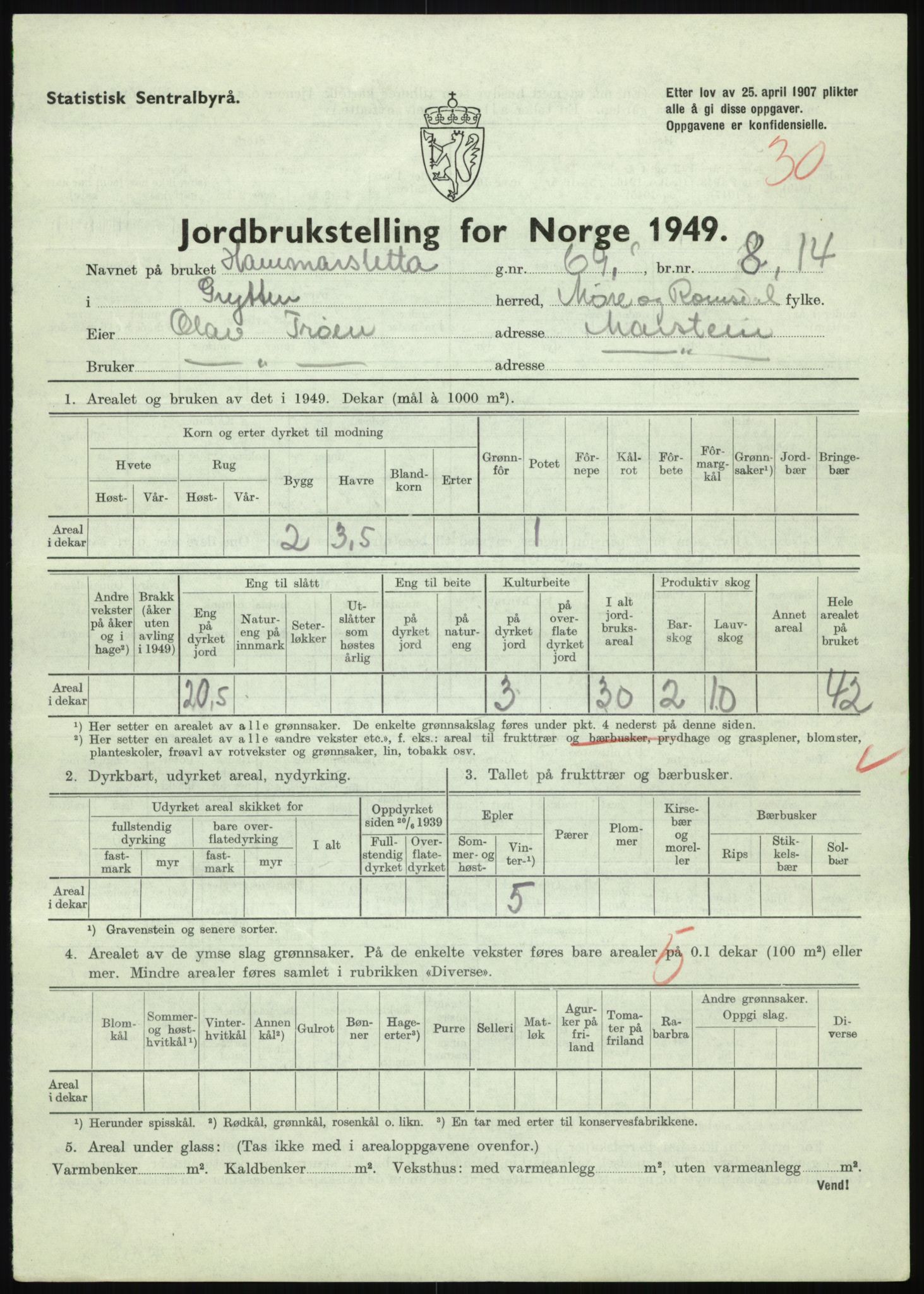 Statistisk sentralbyrå, Næringsøkonomiske emner, Jordbruk, skogbruk, jakt, fiske og fangst, AV/RA-S-2234/G/Gc/L0323: Møre og Romsdal: Grytten og Hen, 1949, p. 111