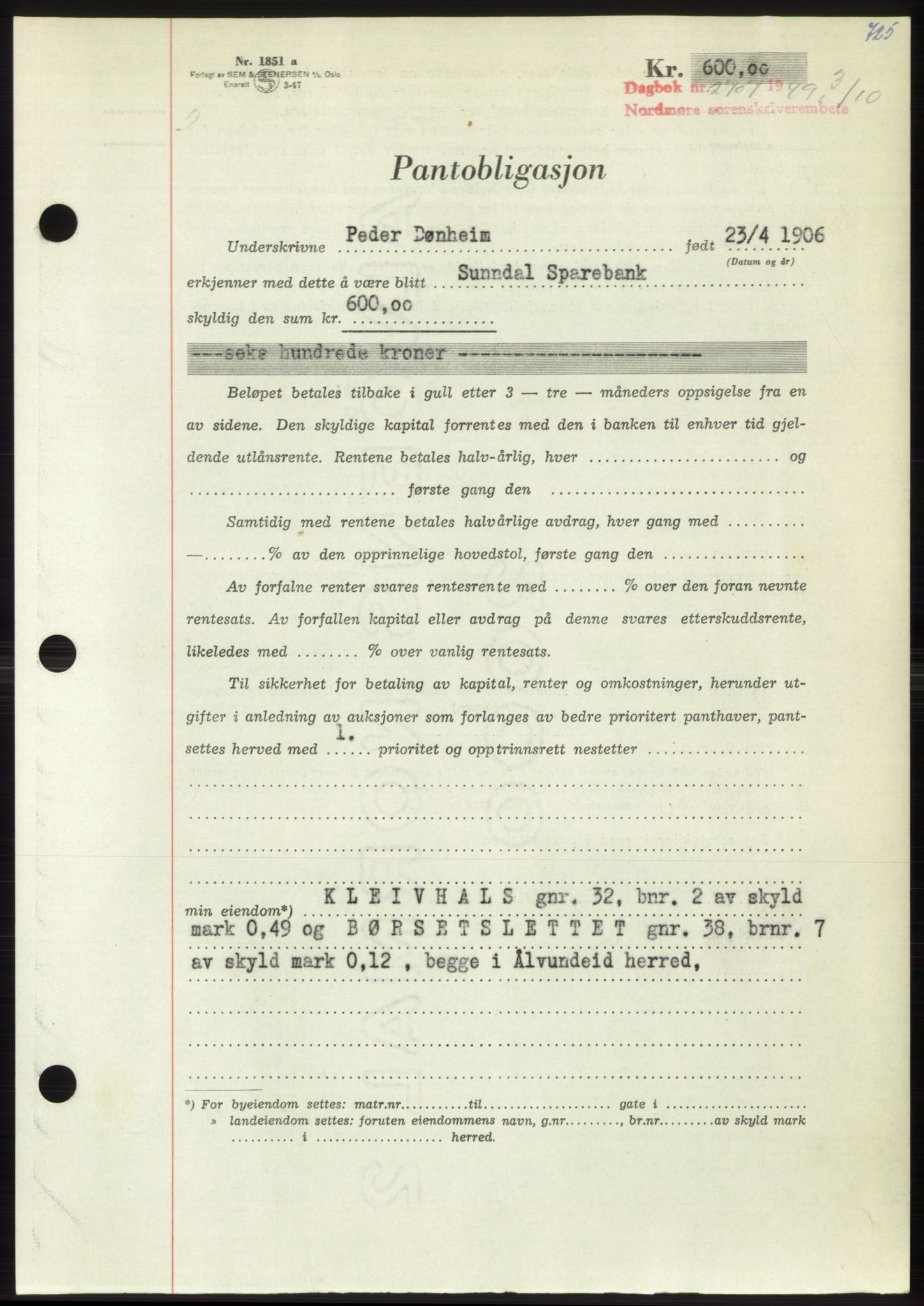 Nordmøre sorenskriveri, AV/SAT-A-4132/1/2/2Ca: Mortgage book no. B102, 1949-1949, Diary no: : 2707/1949