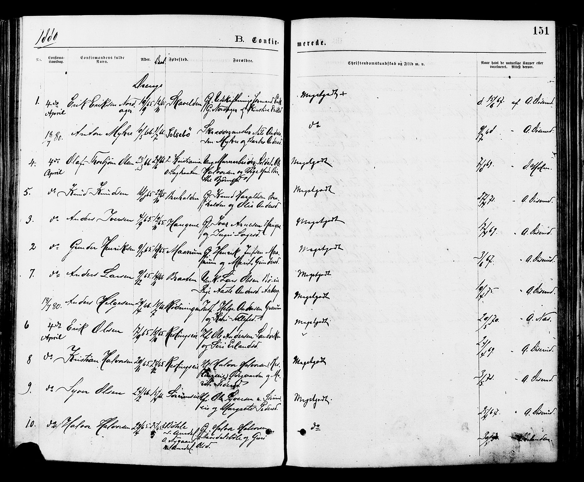 Nord-Aurdal prestekontor, AV/SAH-PREST-132/H/Ha/Haa/L0009: Parish register (official) no. 9, 1876-1882, p. 151