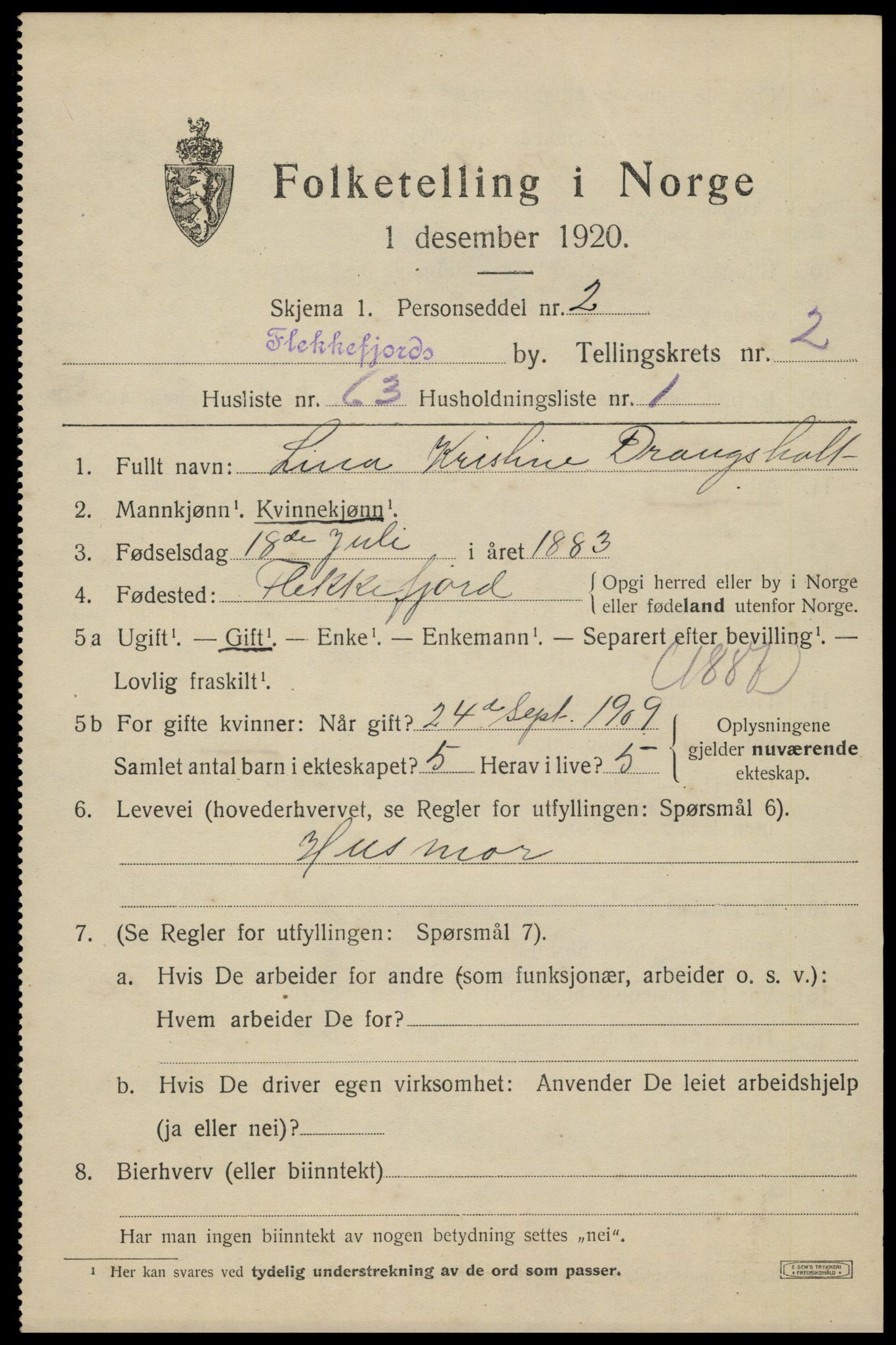 SAK, 1920 census for Flekkefjord, 1920, p. 3240